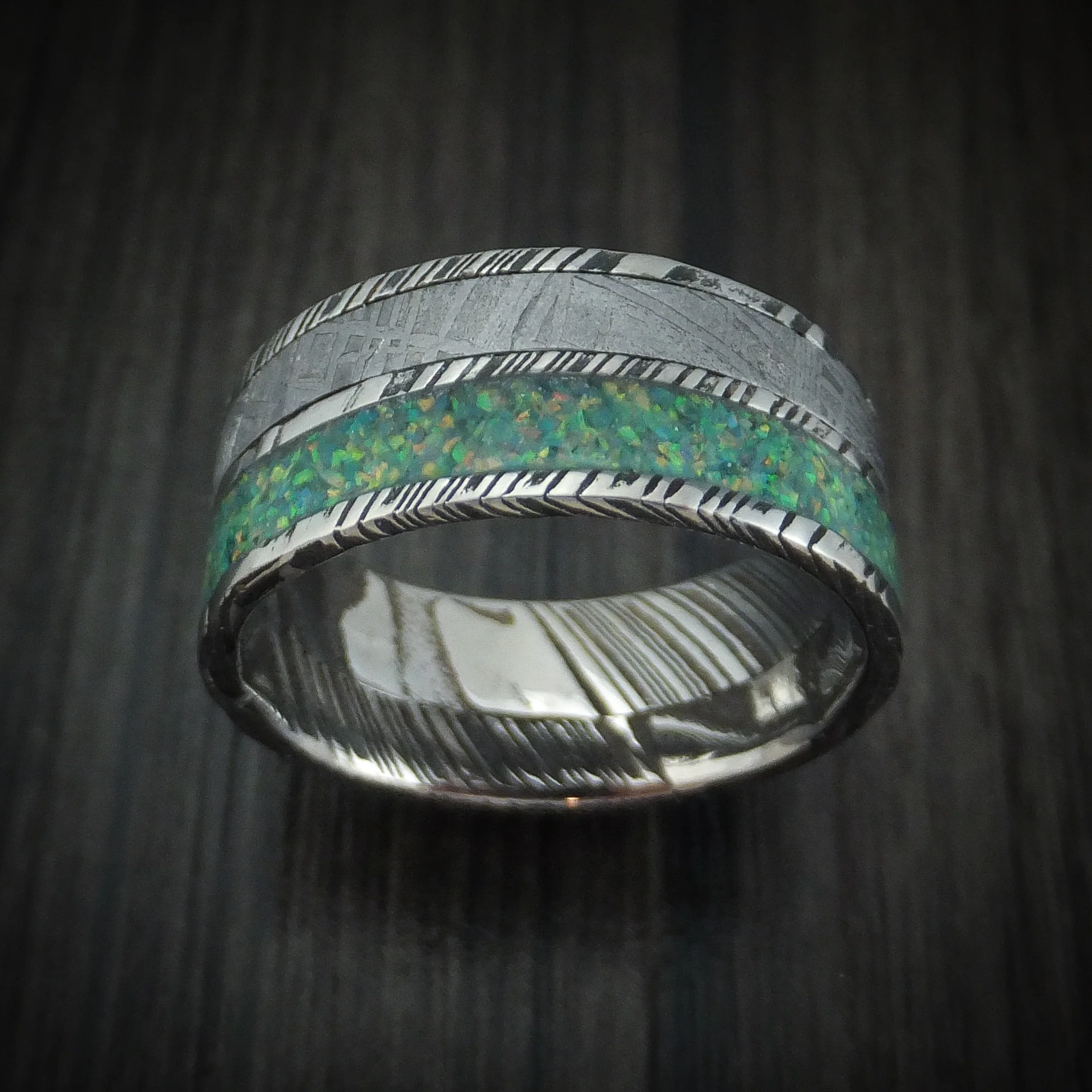 Woodgrain Kuro Damascus Steel and Meteorite Men's Ring with Opal Custom Made Band - Image 2