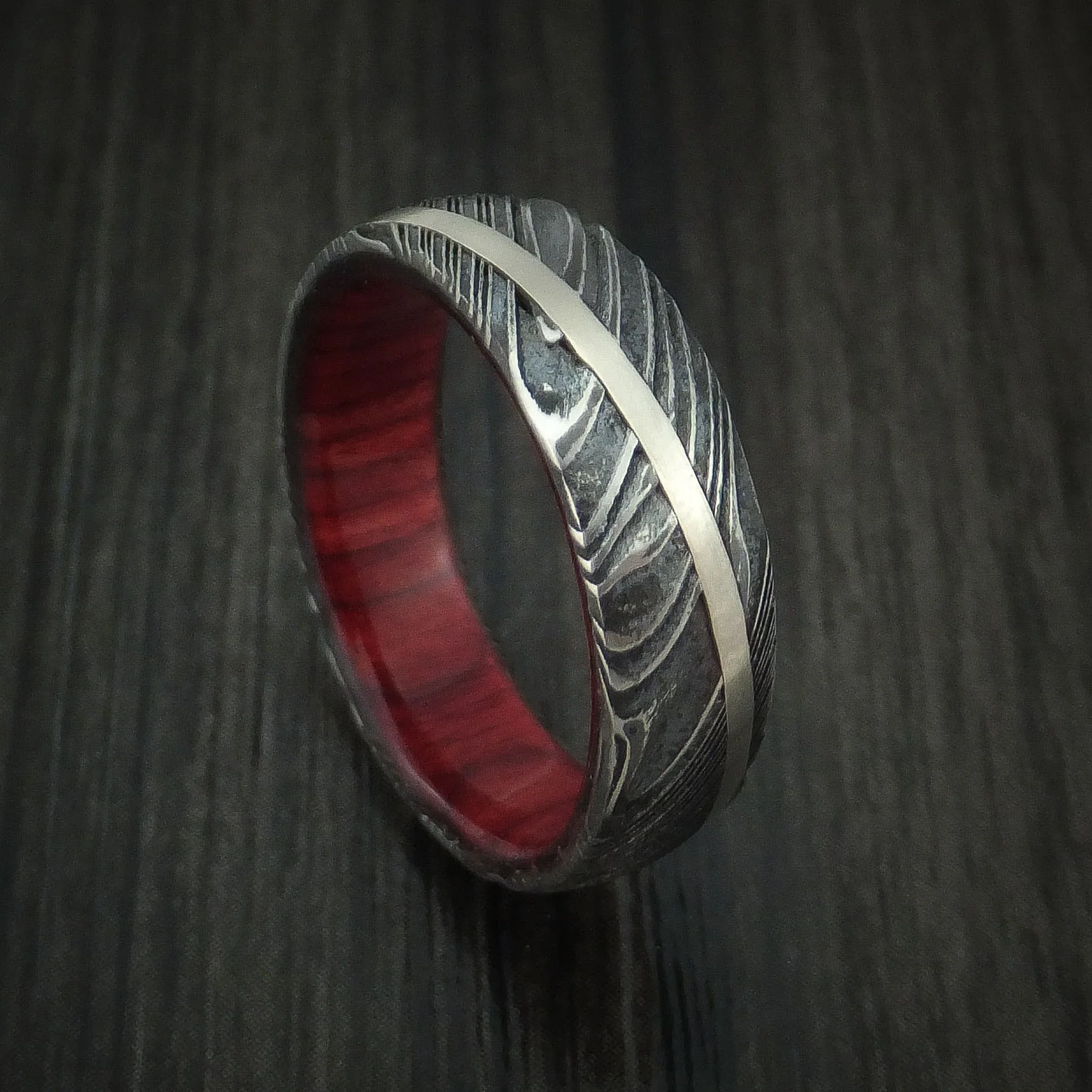 Woodgrain Kuro Damascus Steel Diagonal 14K White Gold Men's Ring Wedding Band Wood Sleeve Custom Made
