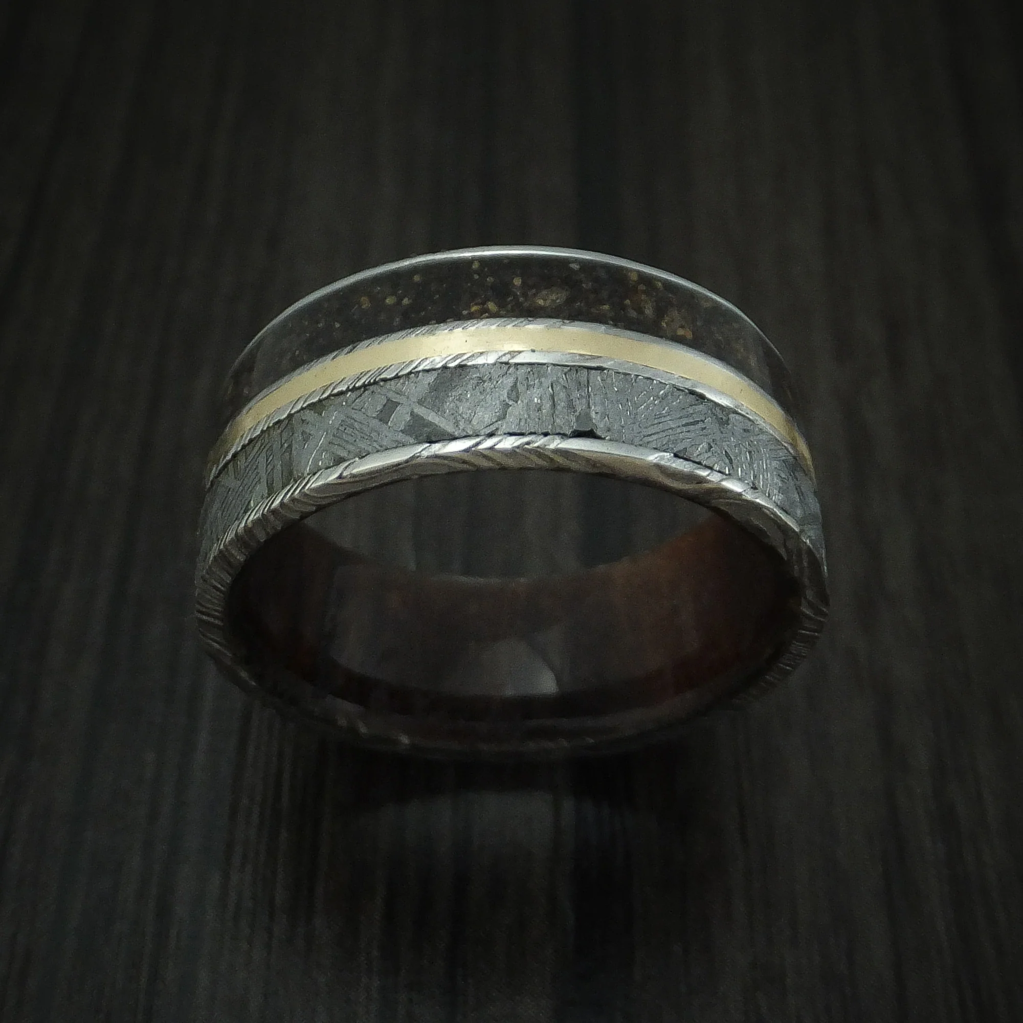 Woodgrain Kuro Damascus Steel Mixed Dinosaur Bone And Gibeon Meteorite Men's Ring With Wood Sleeve And 14K Yellow Gold Inlay Custom Made Fossil Band - Image 2