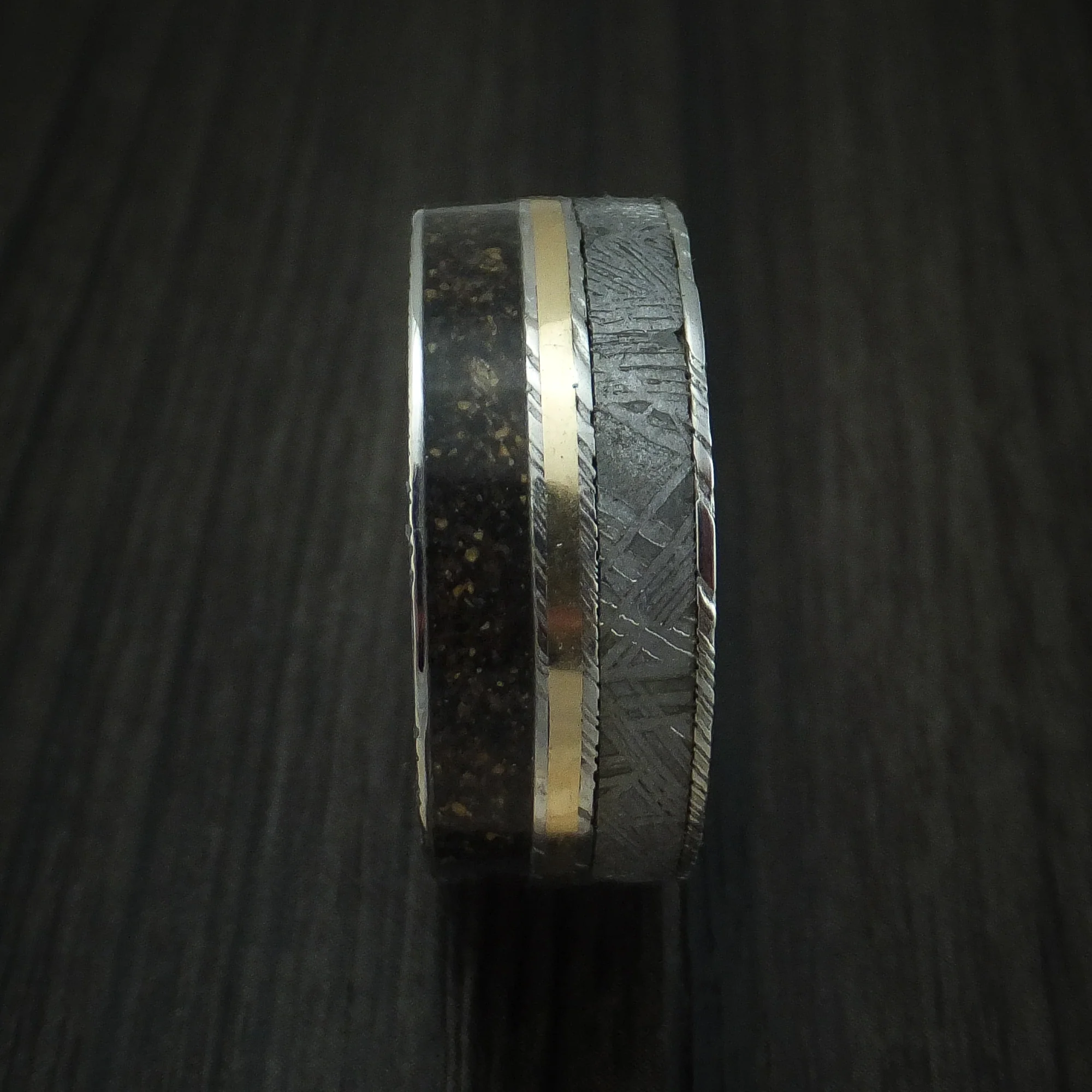 Woodgrain Kuro Damascus Steel Mixed Dinosaur Bone And Gibeon Meteorite Men's Ring With Wood Sleeve And 14K Yellow Gold Inlay Custom Made Fossil Band - Image 3