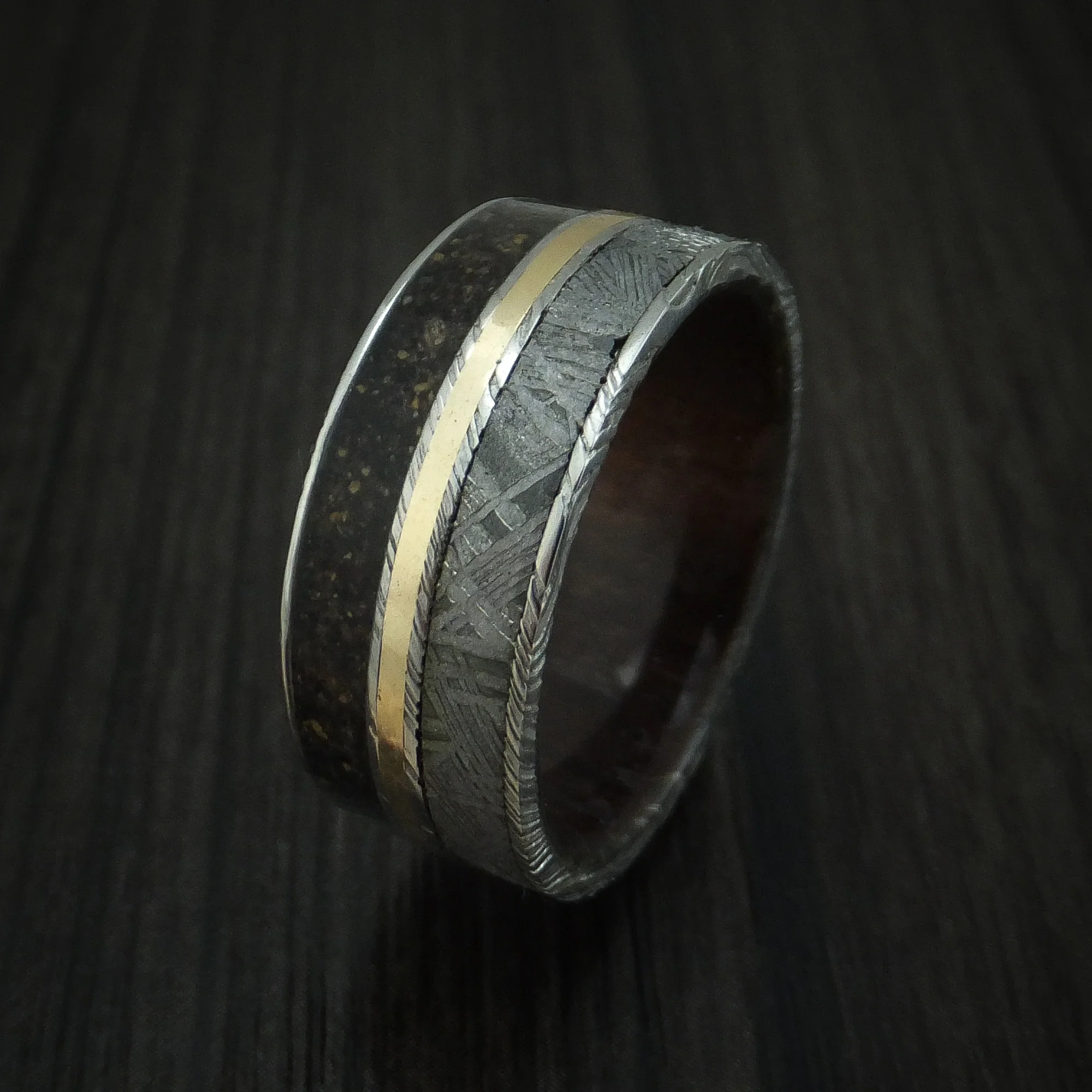 Woodgrain Kuro Damascus Steel Mixed Dinosaur Bone And Gibeon Meteorite Men's Ring With Wood Sleeve And 14K Yellow Gold Inlay Custom Made Fossil Band - Image 4