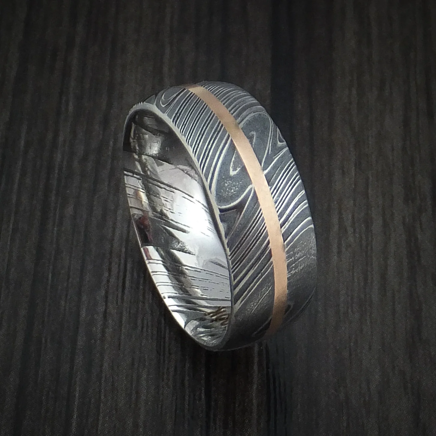 Woodgrain Kuro Damascus Steel Men's Ring and 14k Rose Gold Wedding Band Genuine Craftsmanship Custom Made