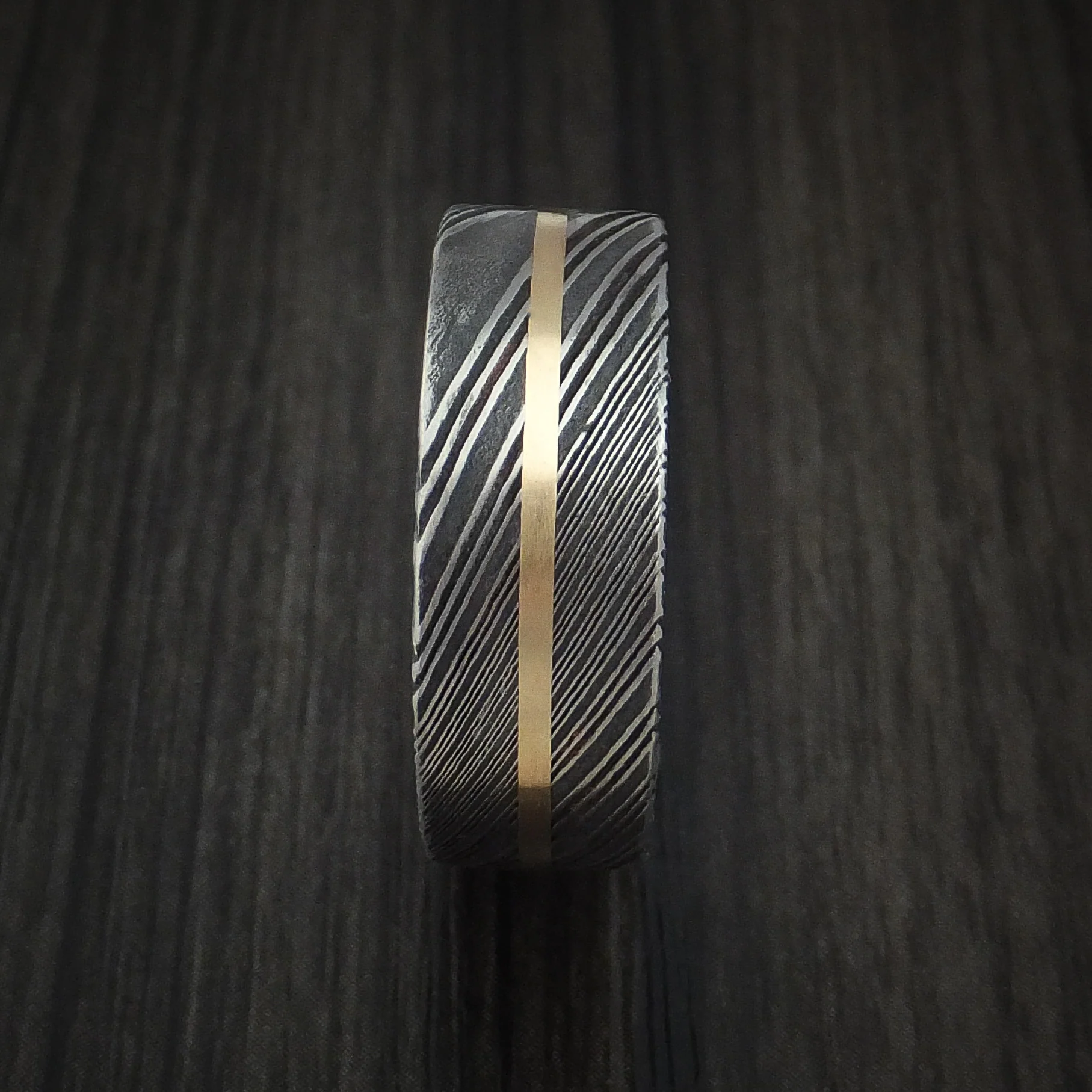 Woodgrain Kuro Damascus Steel Men's Ring and 14k Yellow Gold Wedding Band Genuine Craftsmanship Custom Made - Image 3