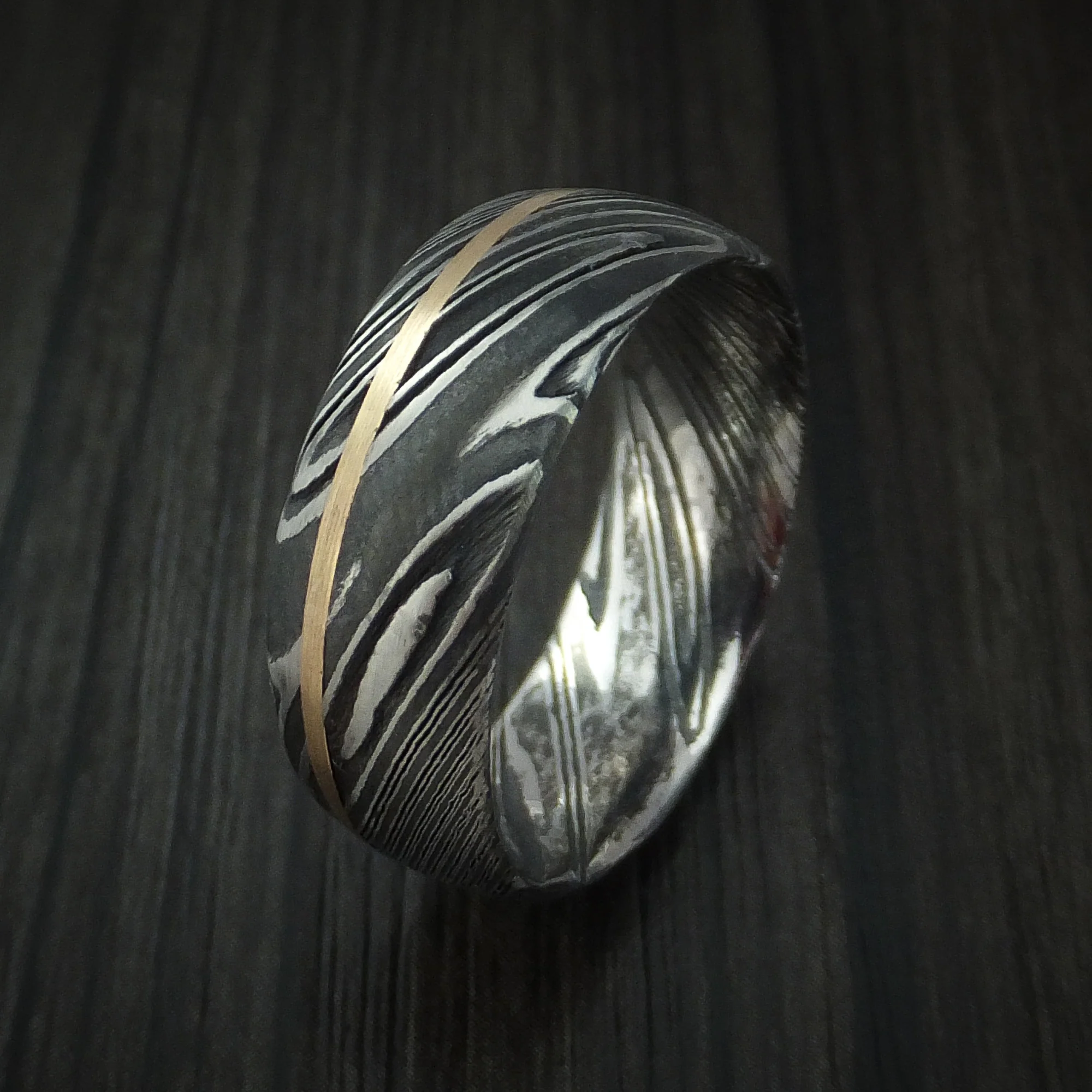 Woodgrain Kuro Damascus Steel Men's Ring and 14k Yellow Gold Wedding Band Genuine Craftsmanship Custom Made - Image 4