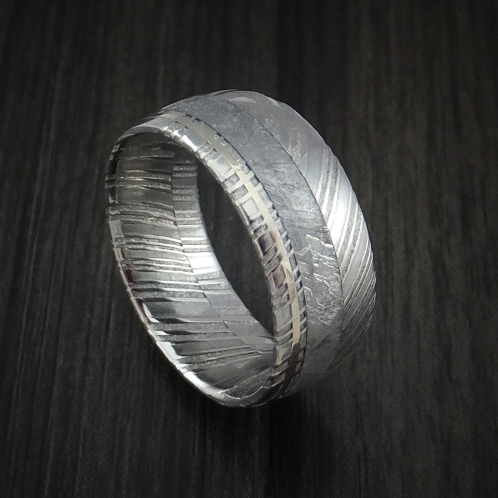 Woodgrain Kuro Damascus Steel Men's Ring and Gibeon Meteorite with 14k White Gold Wedding Band Custom Made