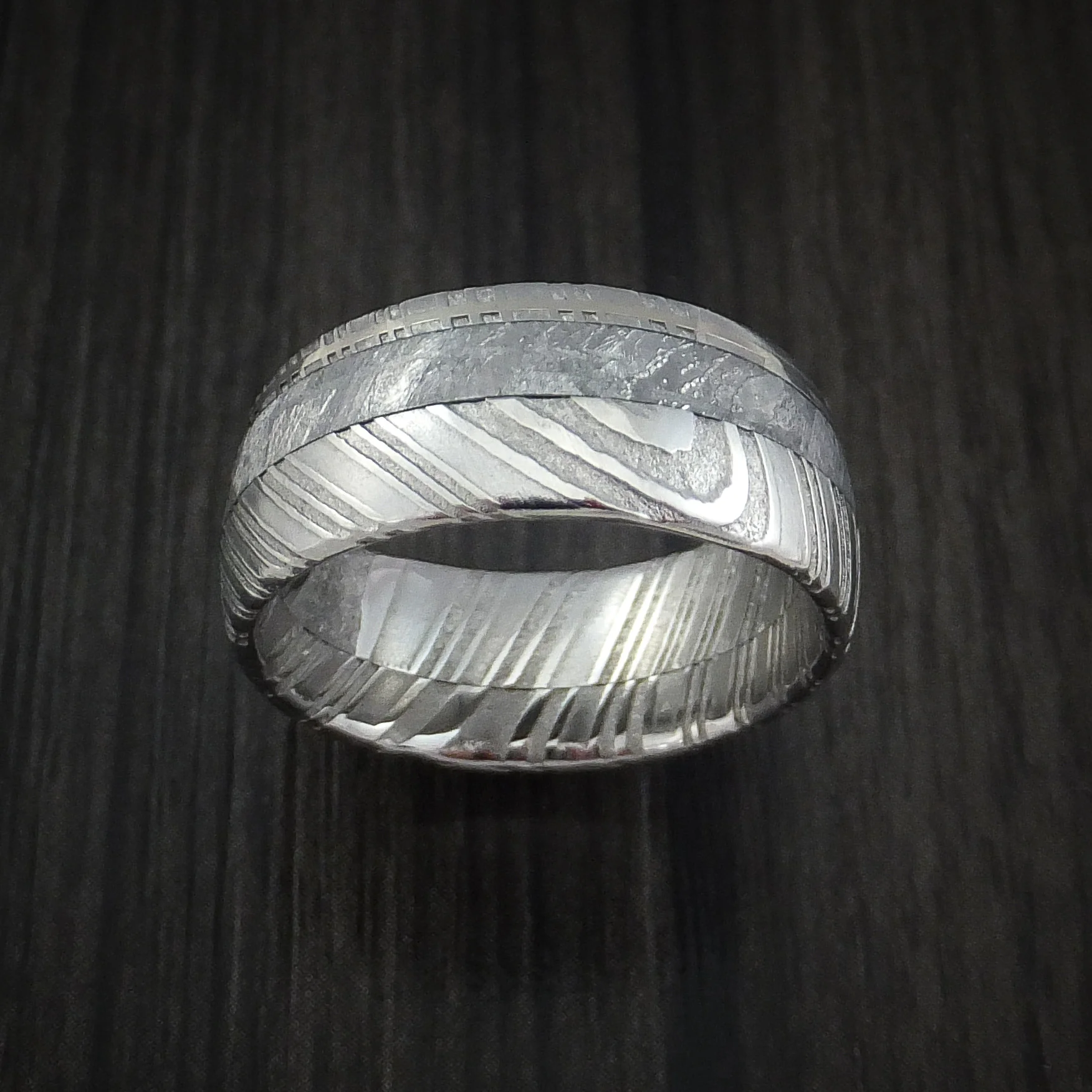Woodgrain Kuro Damascus Steel Men's Ring and Gibeon Meteorite with 14k White Gold Wedding Band Custom Made - Image 2