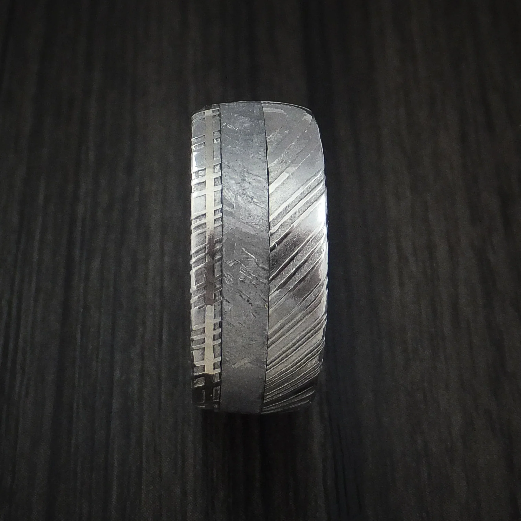 Woodgrain Kuro Damascus Steel Men's Ring and Gibeon Meteorite with 14k White Gold Wedding Band Custom Made - Image 3