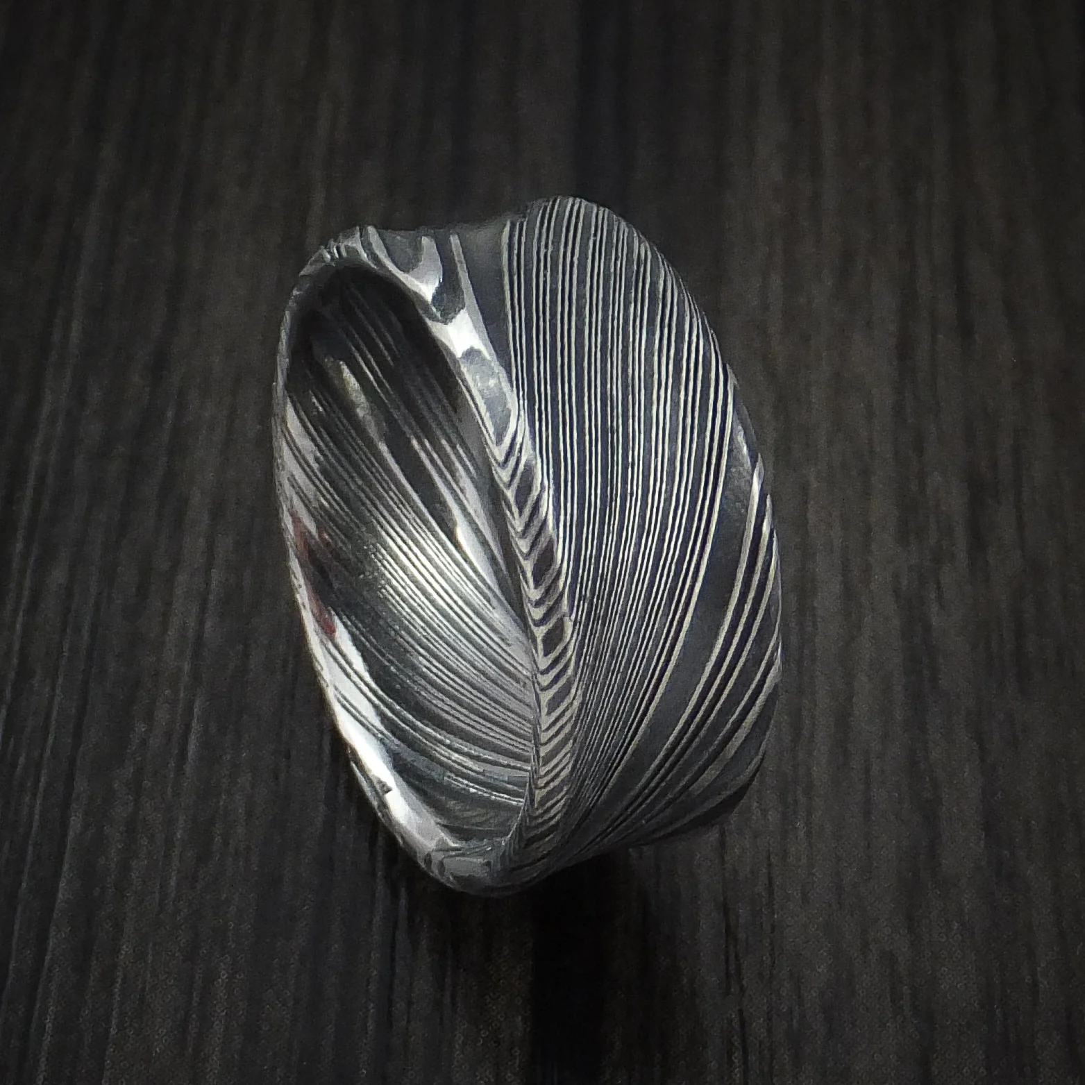 Woodgrain Kuro Damascus Steel Men's Ring Concave Shape Wedding Band Custom Made
