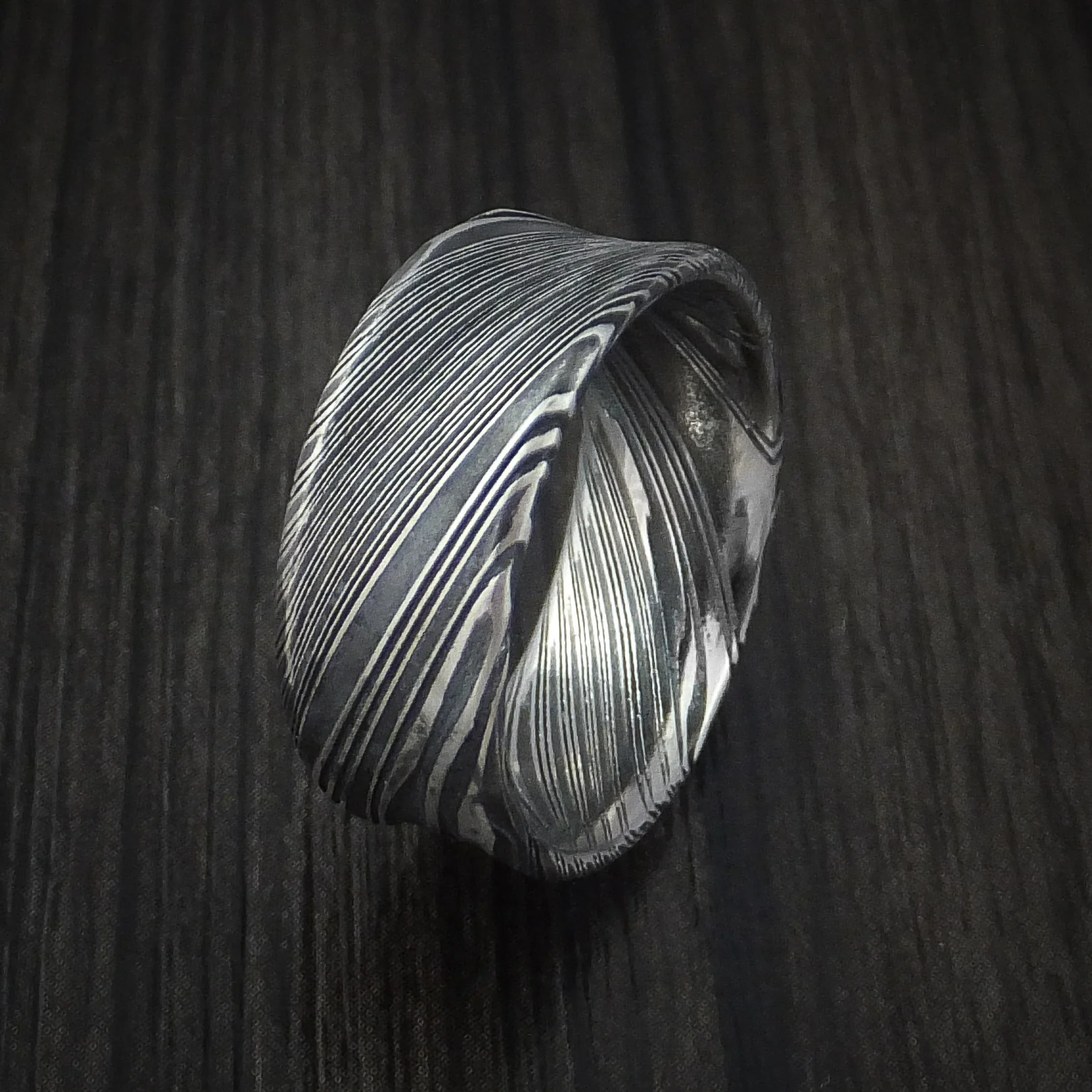 Woodgrain Kuro Damascus Steel Men's Ring Concave Shape Wedding Band Custom Made - Image 4
