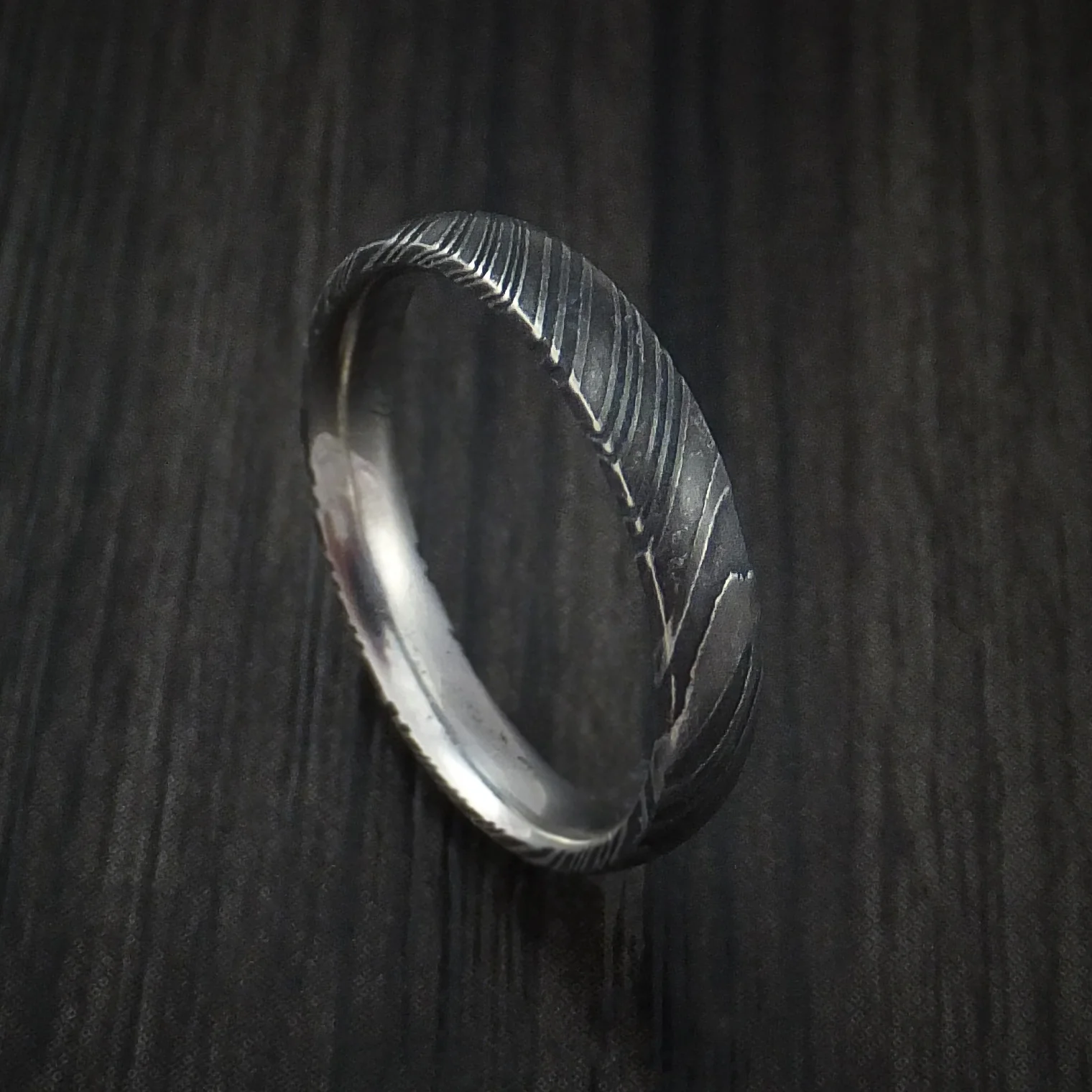 Woodgrain Kuro Damascus Steel Men's Ring Custom Made Wedding Band