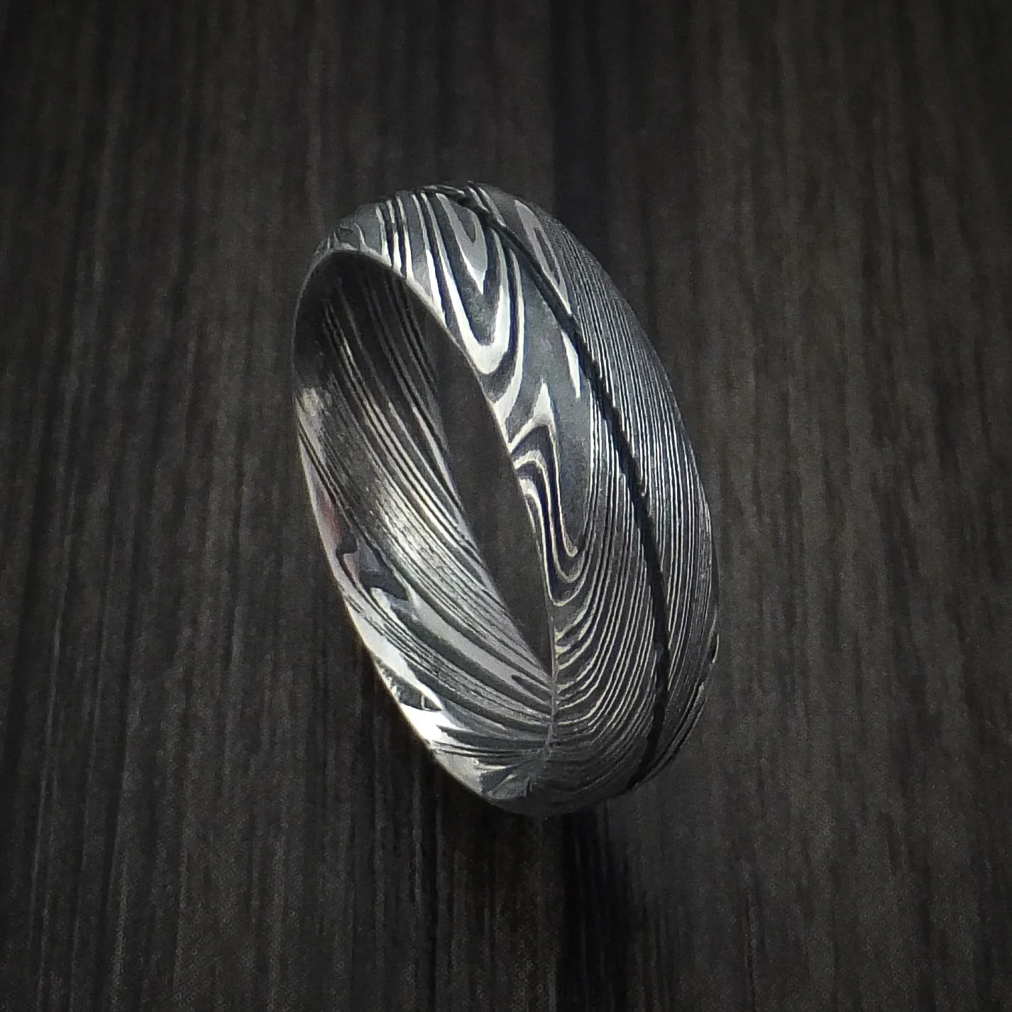 Woodgrain Kuro Damascus Steel Men's Ring Wedding Band Genuine Craftsmanship