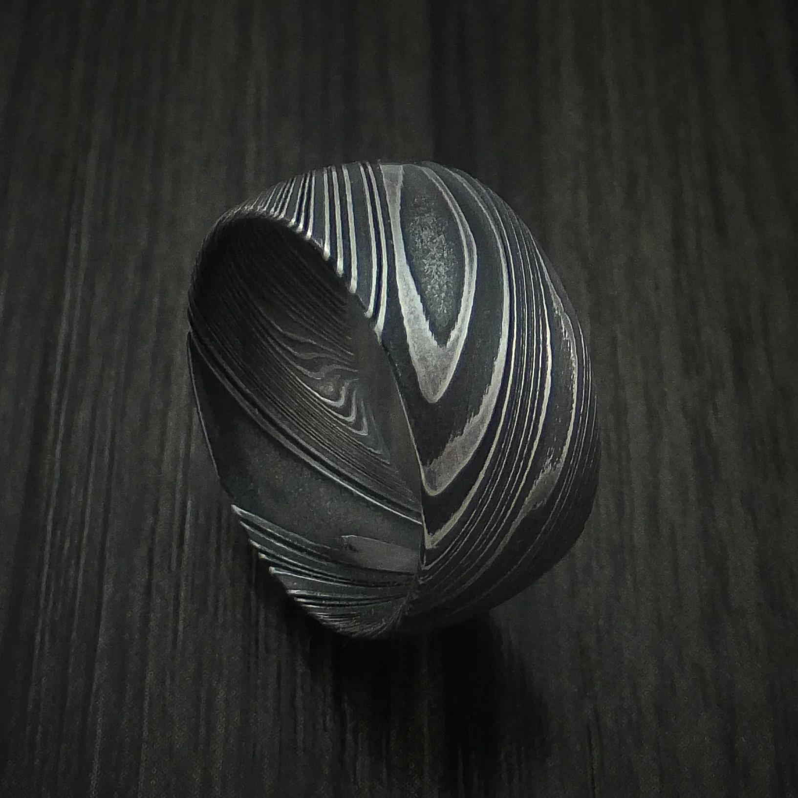 Woodgrain Kuro Damascus Steel Men's Ring Wide Wedding Band Genuine Craftsmanship Custom Made