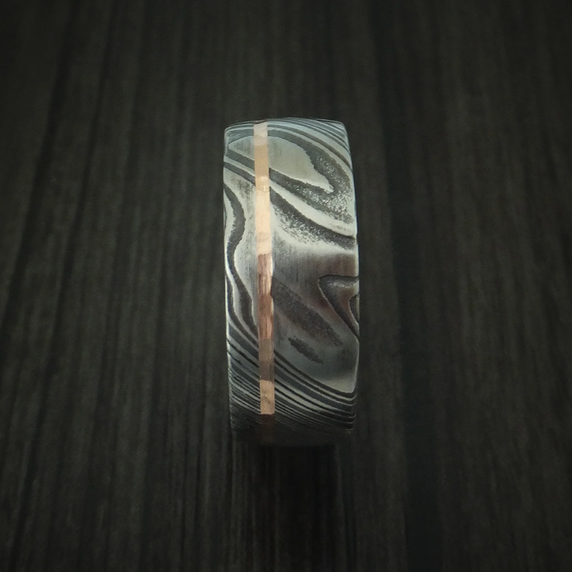 Woodgrain Kuro Damascus Steel Men's Ring with 14K Rose Gold Inlay and Bocote Hardwood Sleeve Custom Made Wood Band - Image 3