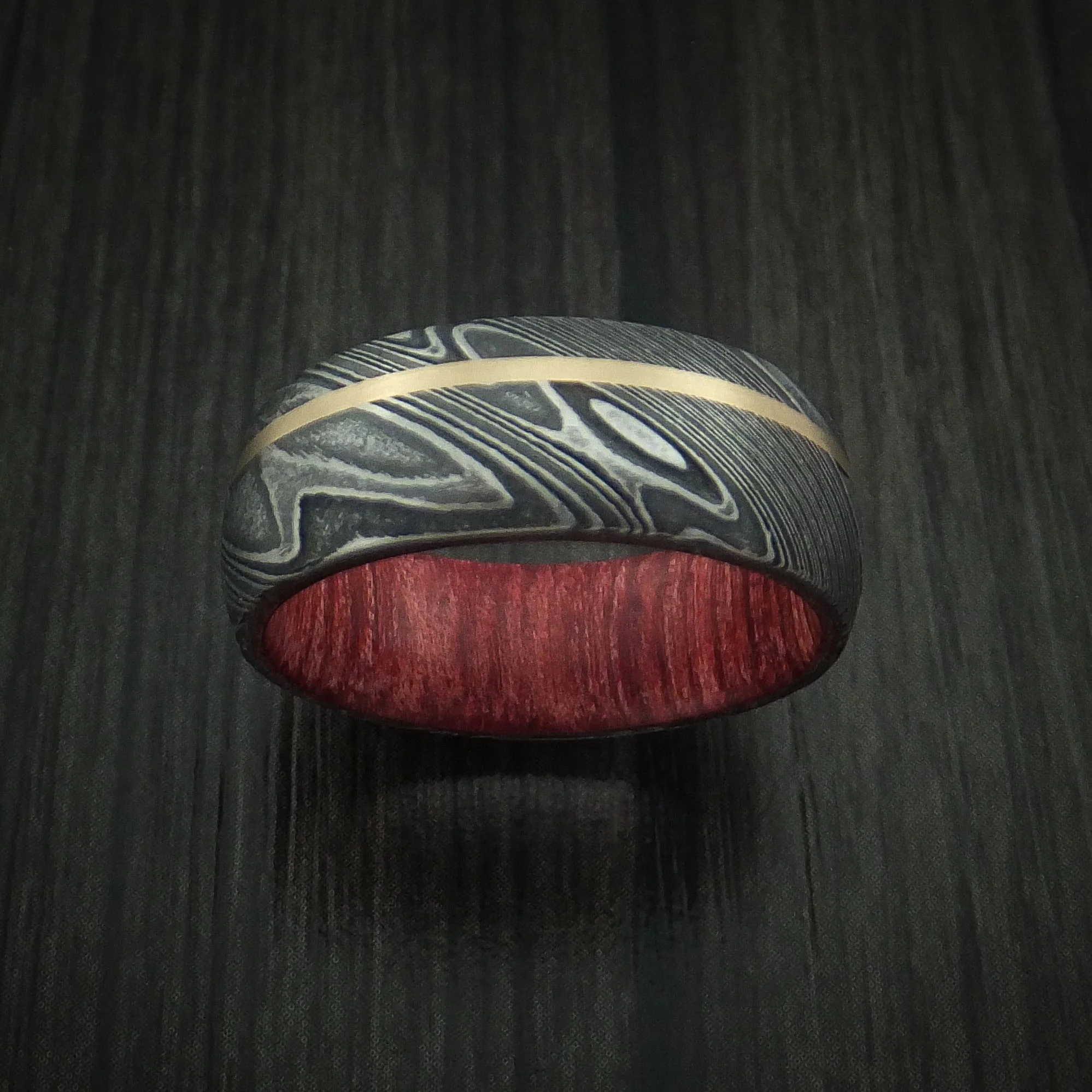 Woodgrain Kuro Damascus Steel Men's Ring with 14K Yellow Gold Inlay and Hardwood Sleeve Custom Made Wood Band - Image 2
