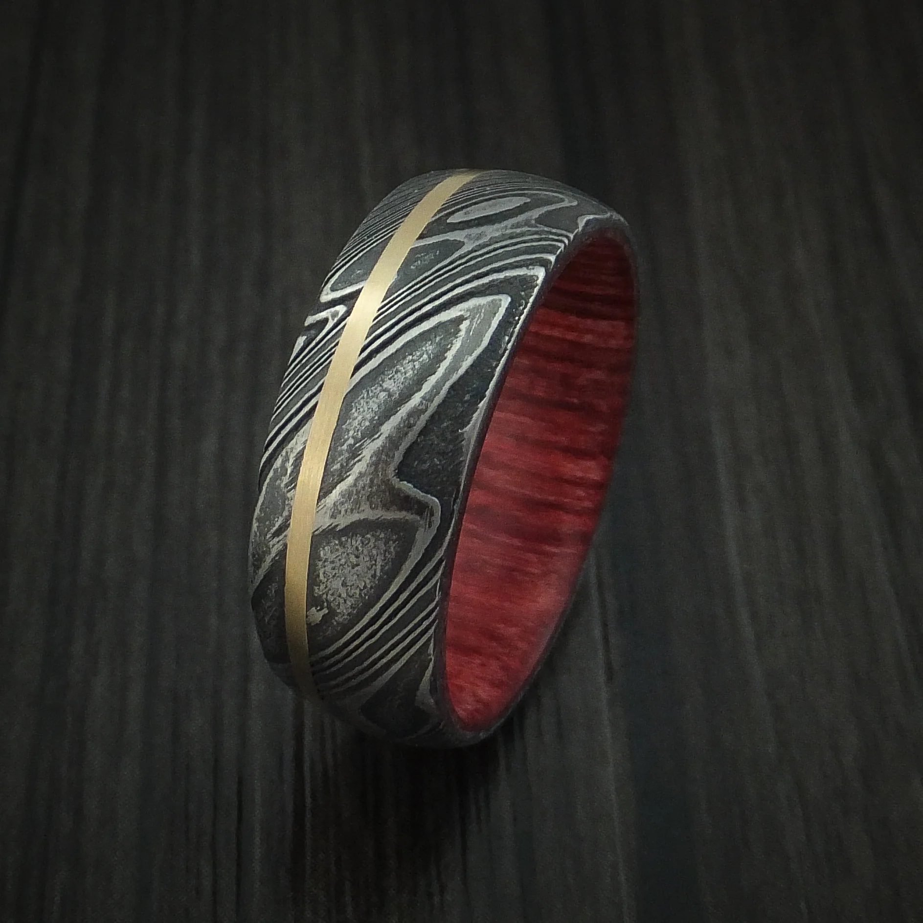 Woodgrain Kuro Damascus Steel Men's Ring with 14K Yellow Gold Inlay and Hardwood Sleeve Custom Made Wood Band - Image 4