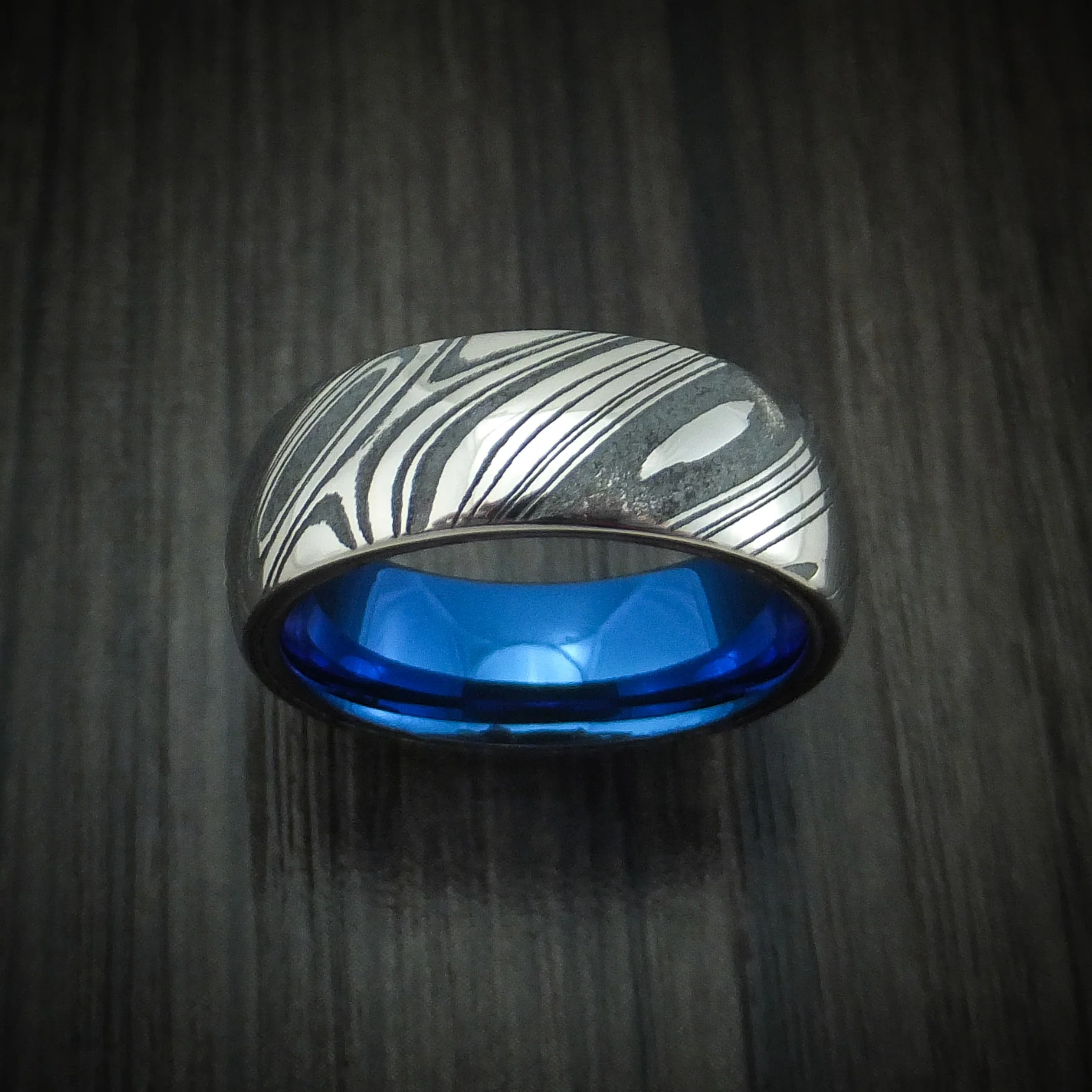 Woodgrain Kuro Damascus Steel Men's Ring With Anodized Titanium Interior Sleeve Custom Made - Image 2