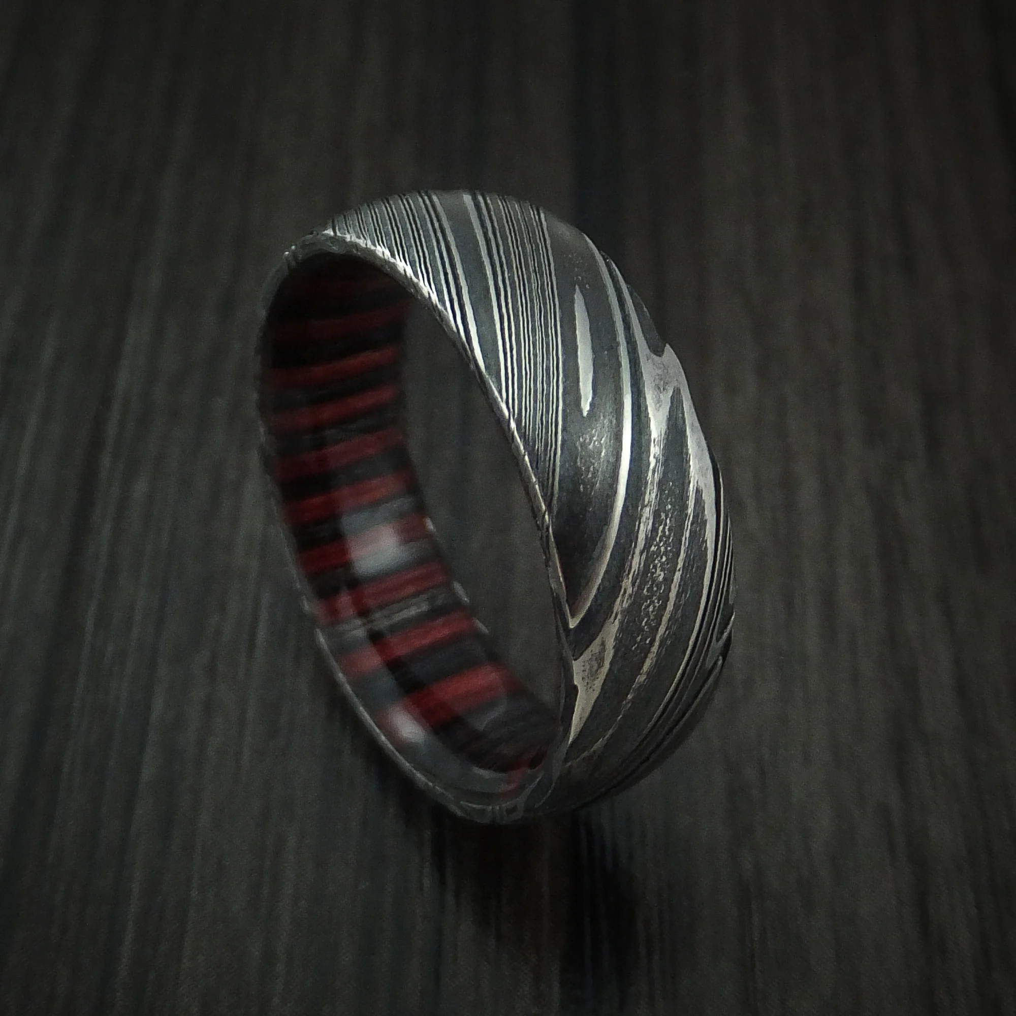 Woodgrain Kuro Damascus Steel Men's Ring with Hardwood Sleeve Custom Made Wood Band