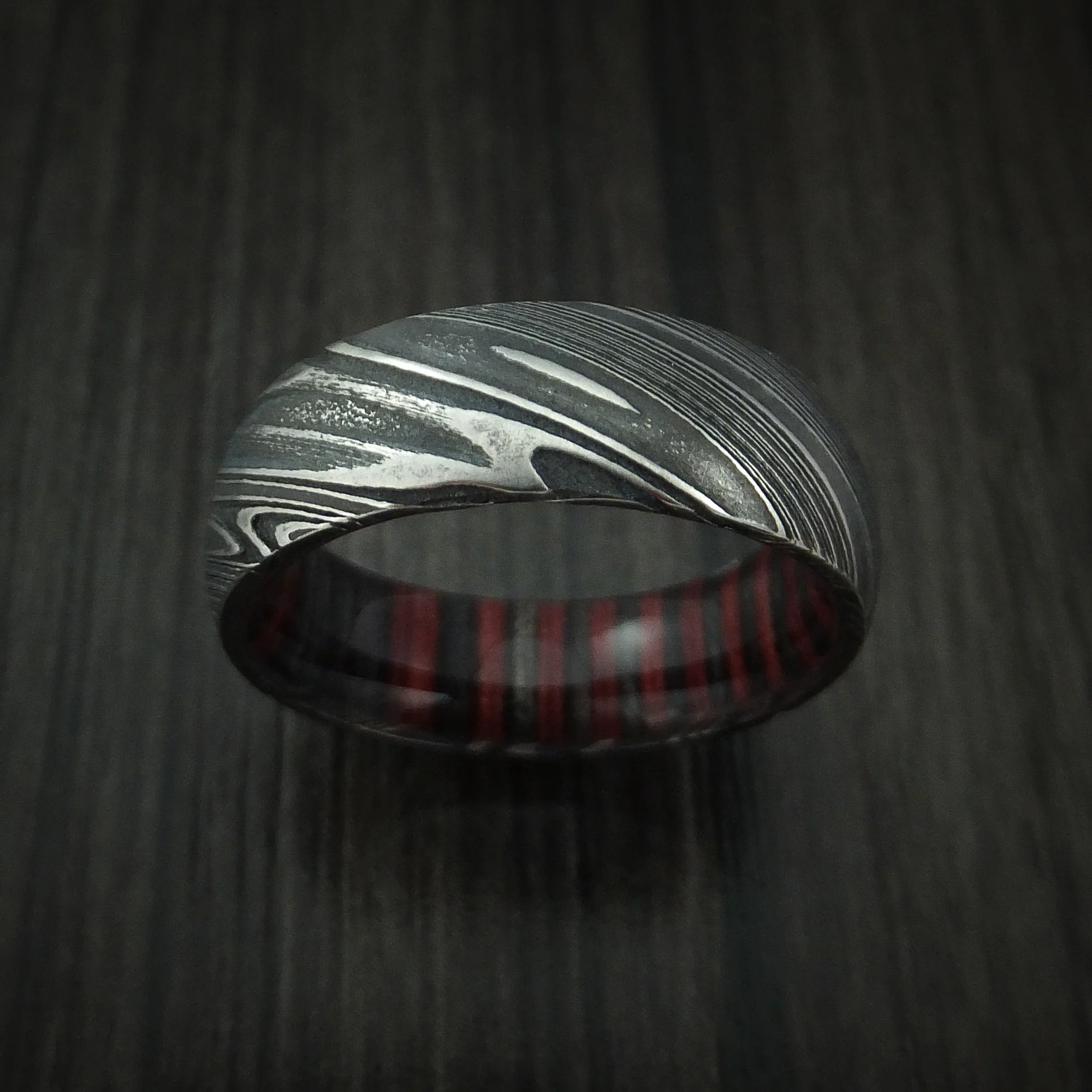 Woodgrain Kuro Damascus Steel Men's Ring with Hardwood Sleeve Custom Made Wood Band - Image 2