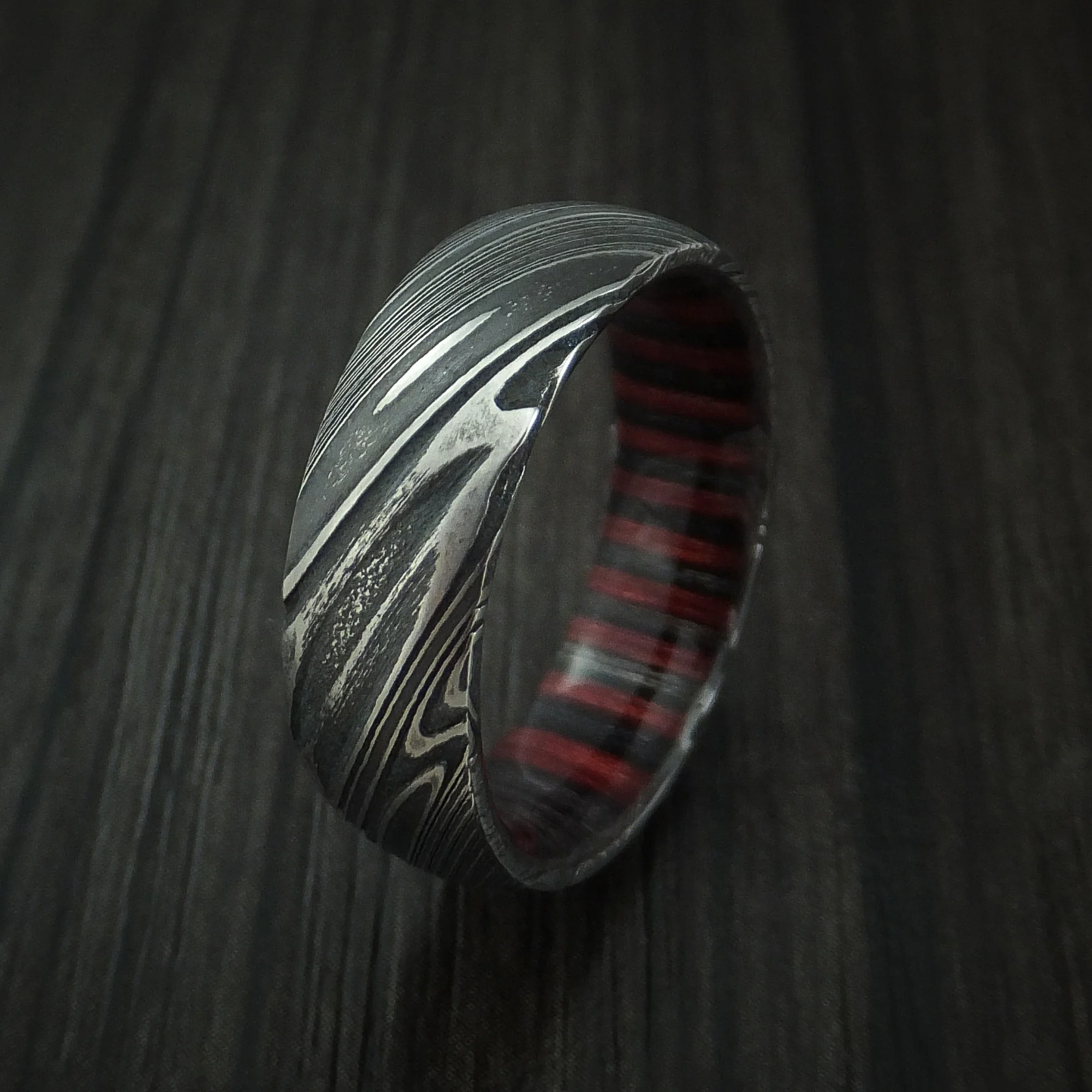 Woodgrain Kuro Damascus Steel Men's Ring with Hardwood Sleeve Custom Made Wood Band - Image 4