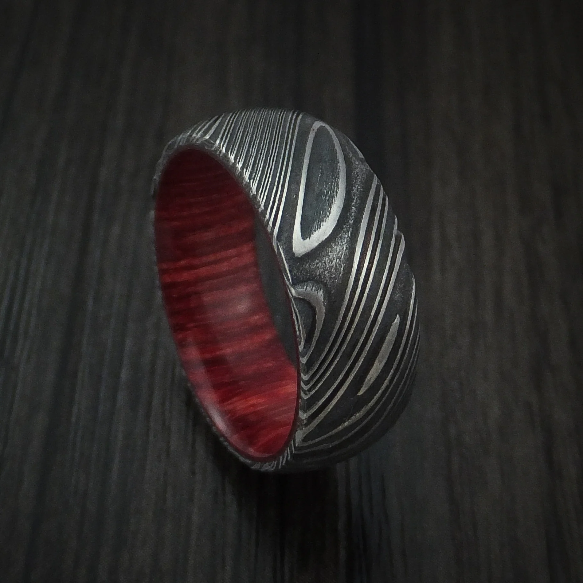 Woodgrain Kuro Damascus Steel Men's Ring with Hardwood Sleeve Custom Made Wood Band
