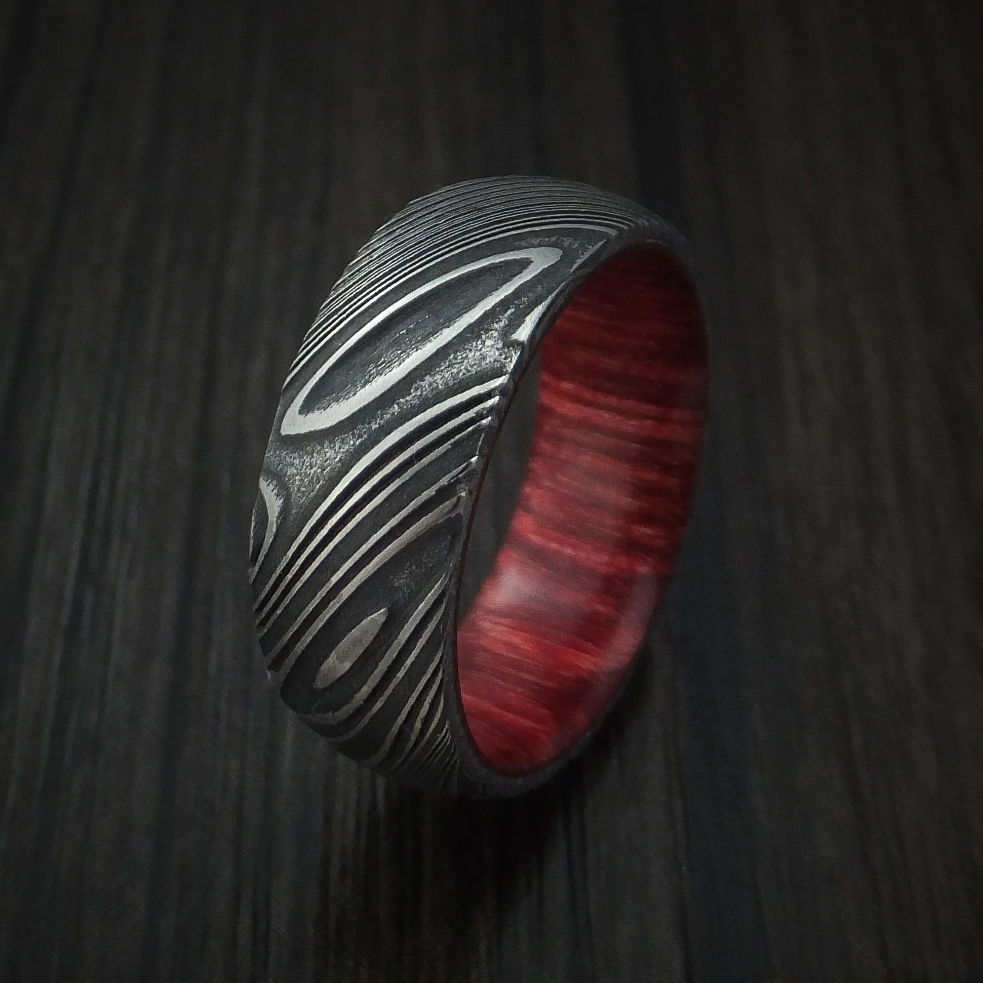 Woodgrain Kuro Damascus Steel Men's Ring with Hardwood Sleeve Custom Made Wood Band - Image 4