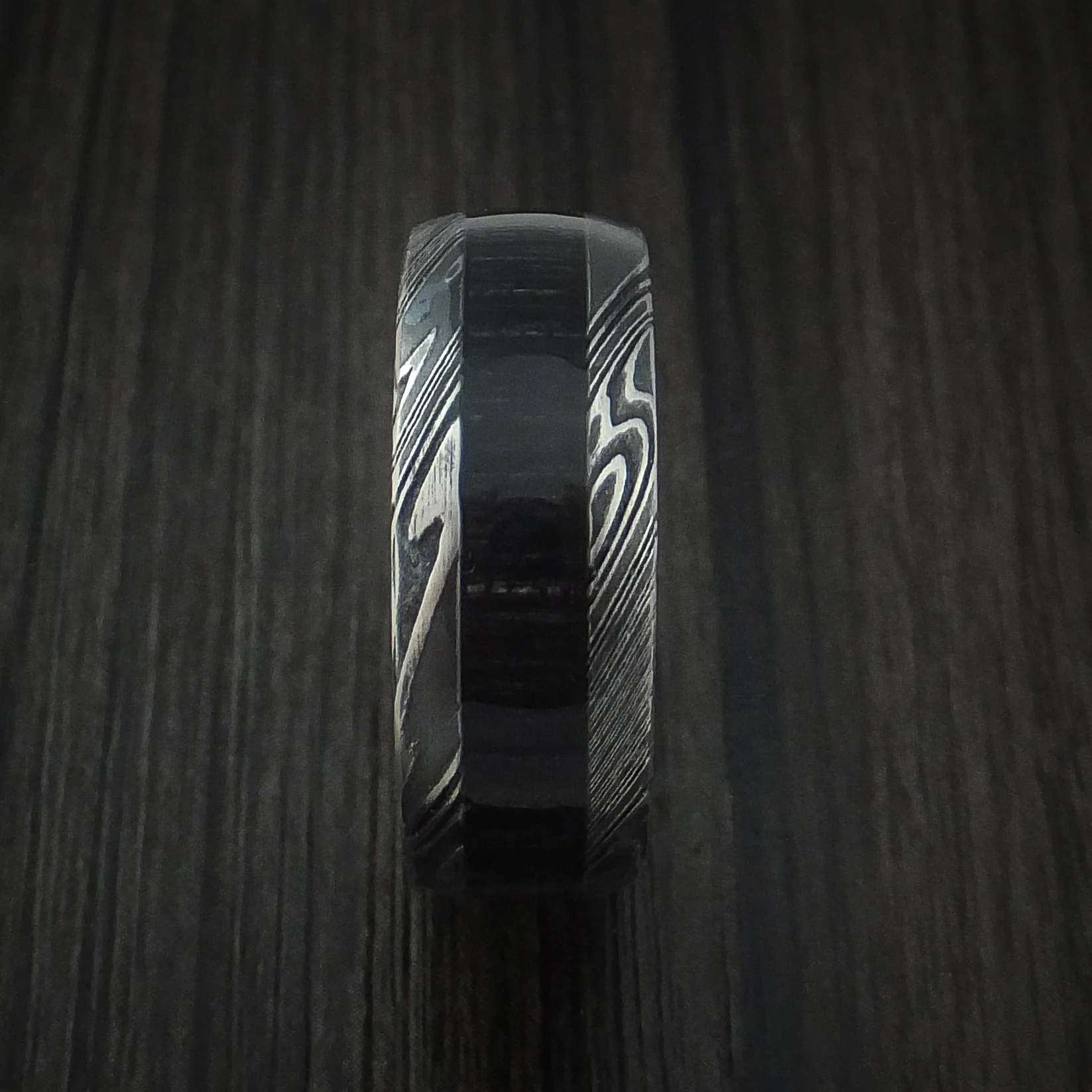 Woodgrain Kuro Damascus Steel Men's Ring with Charcoal Hardwood Inlay Custom Made Band - Image 3