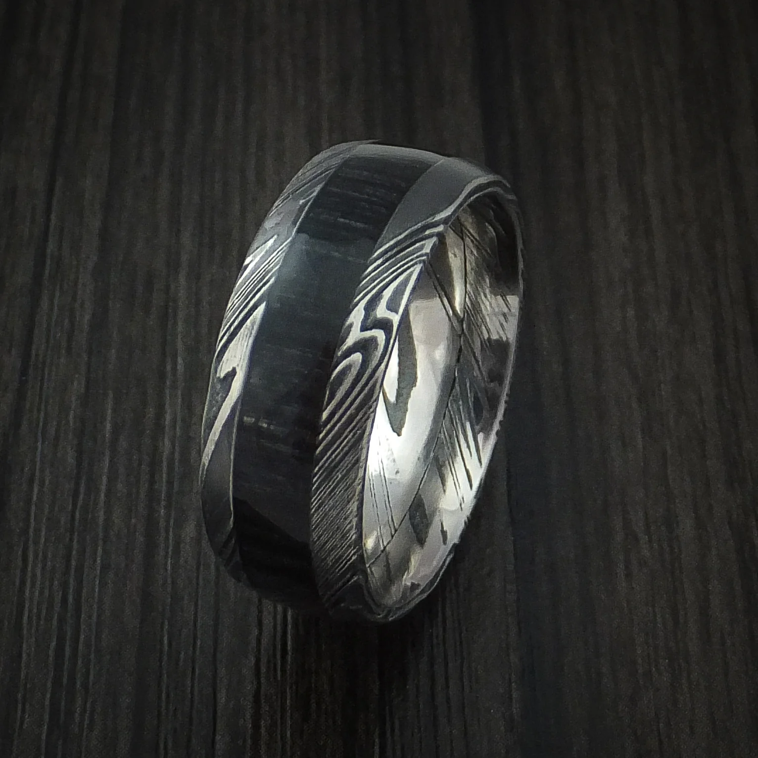 Woodgrain Kuro Damascus Steel Men's Ring with Charcoal Hardwood Inlay Custom Made Band - Image 4