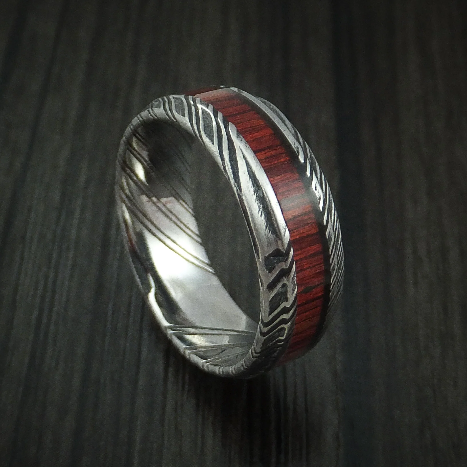 Woodgrain Kuro Damascus Steel Men's Ring with Cocobolo Hardwood Inlay Custom Made Band