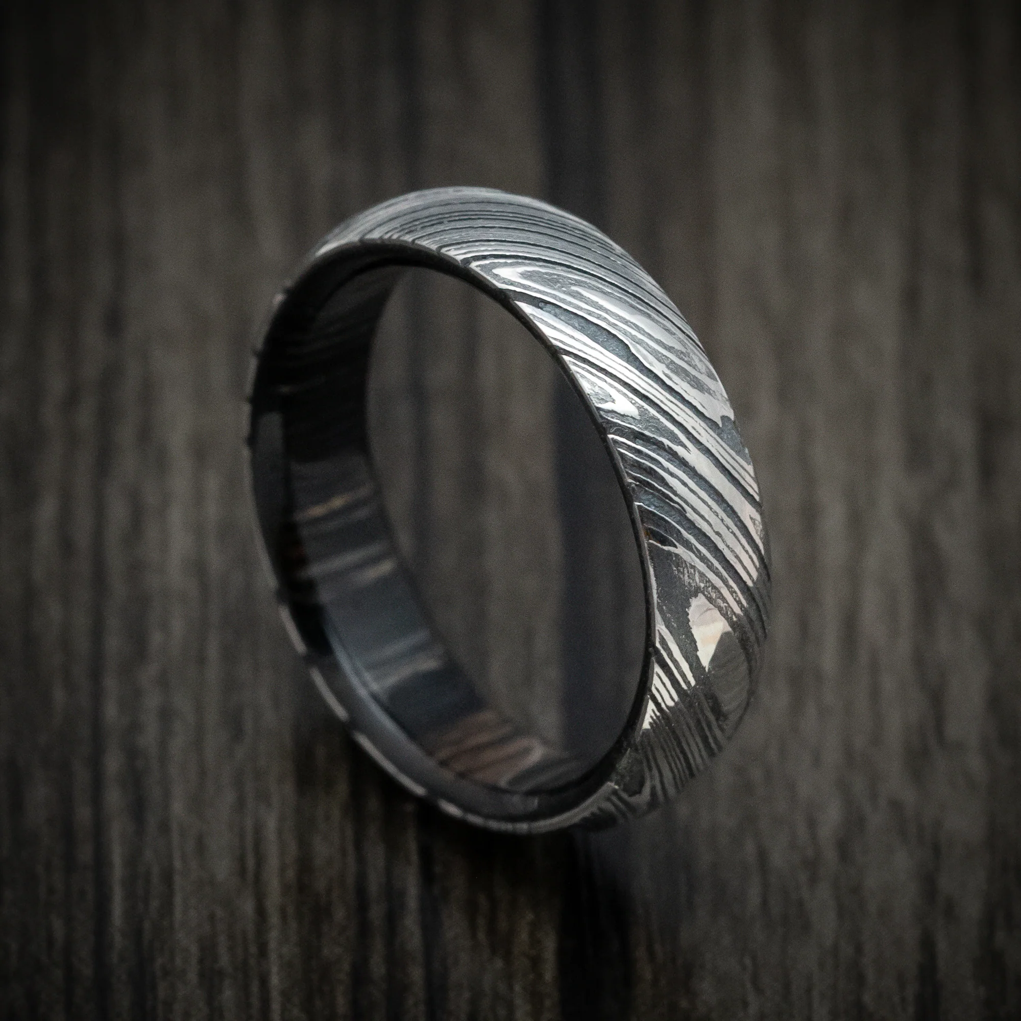 Woodgrain Kuro Damascus Steel Men's Ring With Hardwood Sleeve Custom Made Wood Band