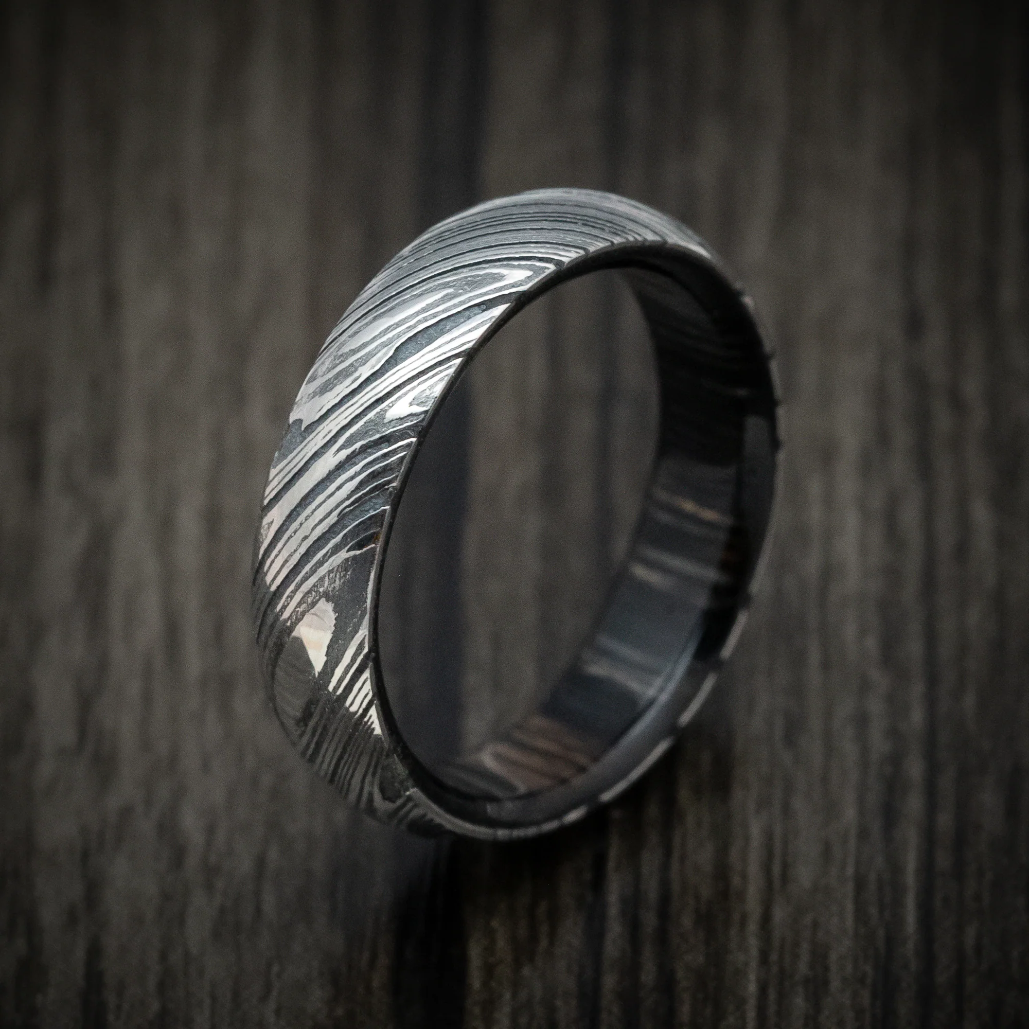 Woodgrain Kuro Damascus Steel Men's Ring With Hardwood Sleeve Custom Made Wood Band - Image 4