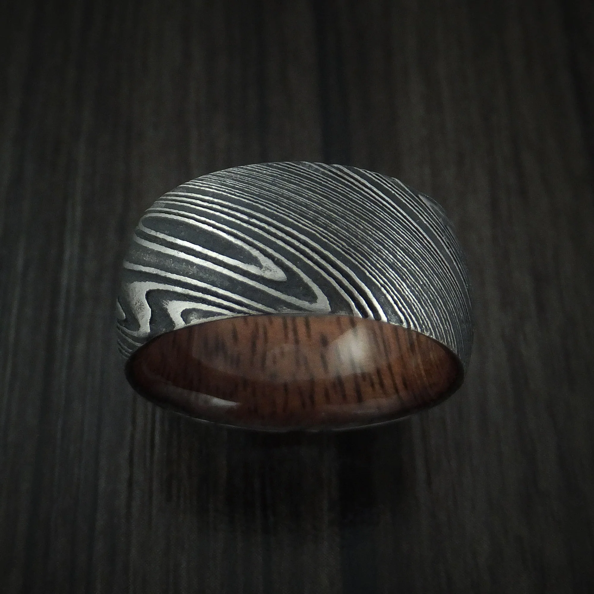 Woodgrain Kuro Damascus Steel Men's Ring with Koa Wood Hardwood Sleeve Custom Made Wood Band - Image 2