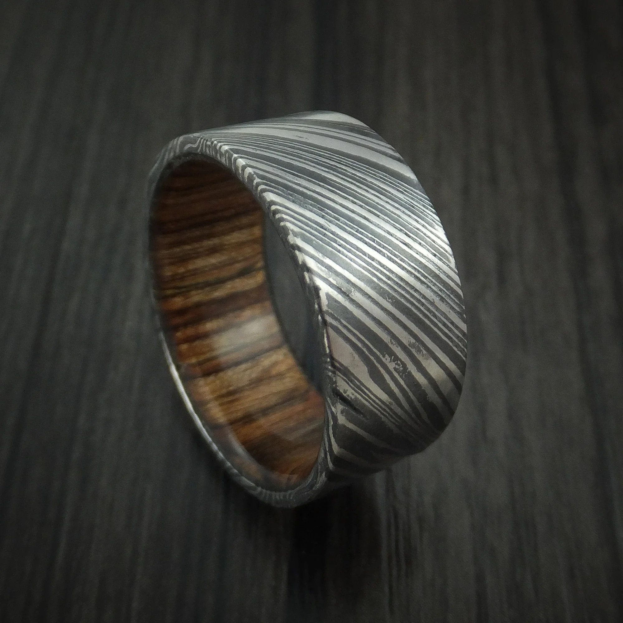 Woodgrain Kuro Damascus Steel Men's Ring with Walnut Wood Hardwood Sleeve Custom Made Wood Band