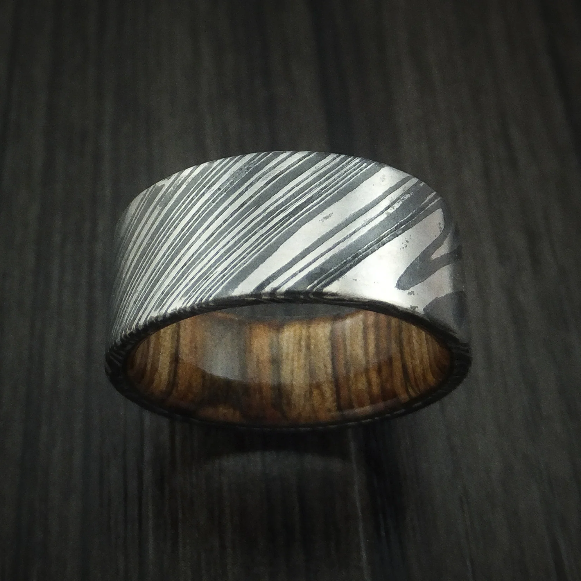 Woodgrain Kuro Damascus Steel Men's Ring with Walnut Wood Hardwood Sleeve Custom Made Wood Band - Image 2