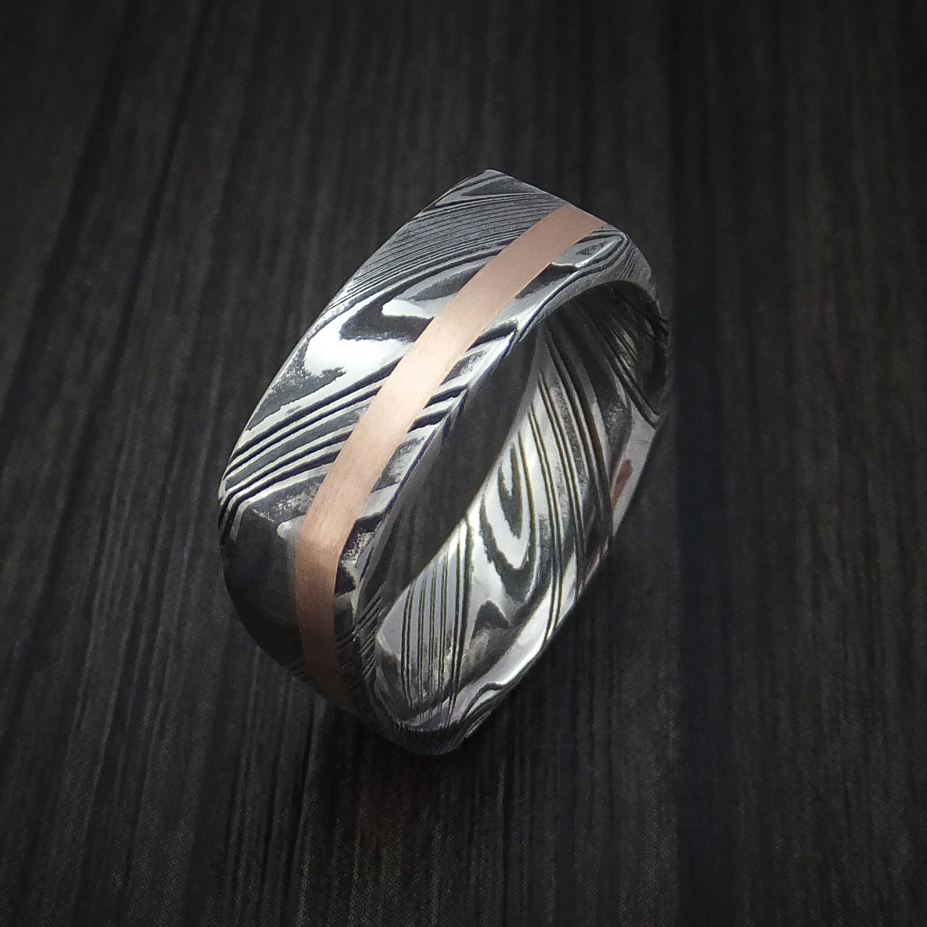 Woodgrain Kuro Damascus Steel Square Men's Ring with 14k Rose Gold Inlay Custom Made Band - Image 4