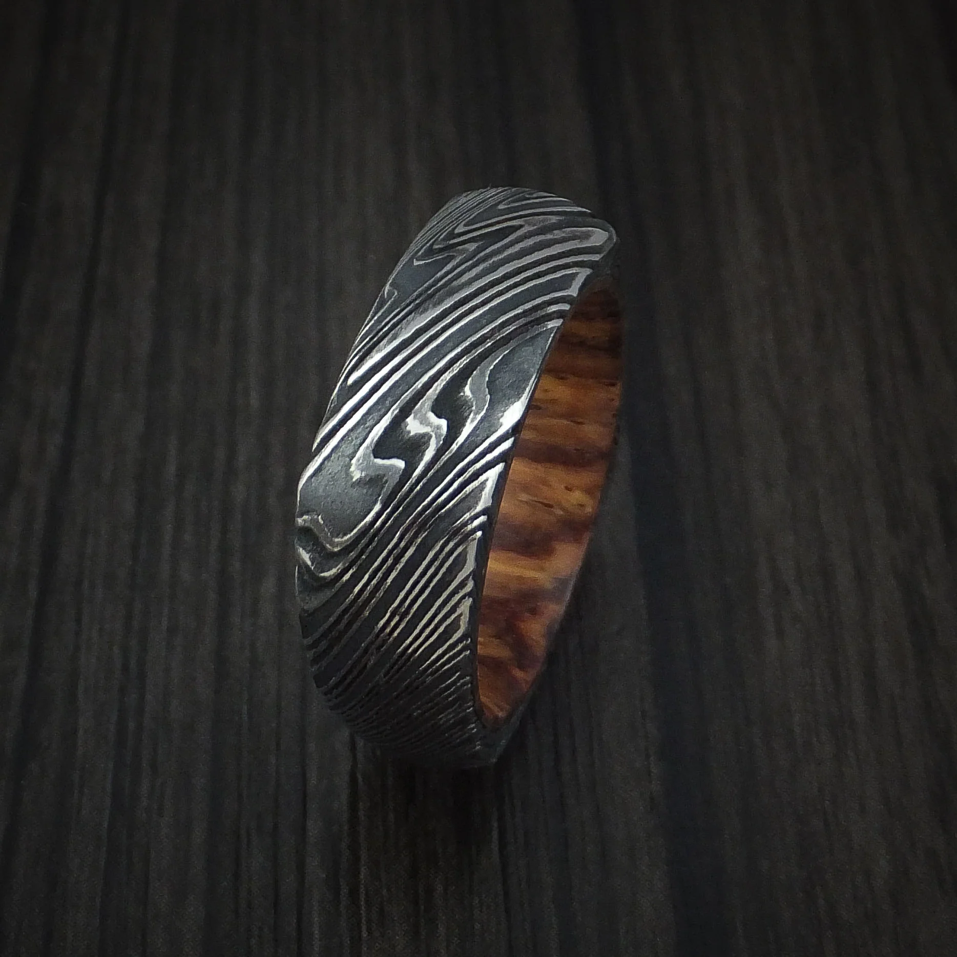 Woodgrain Kuro Damascus Steel Square Men's Ring with Cocobolo Hardwood Sleeve Custom Made Band - Image 4