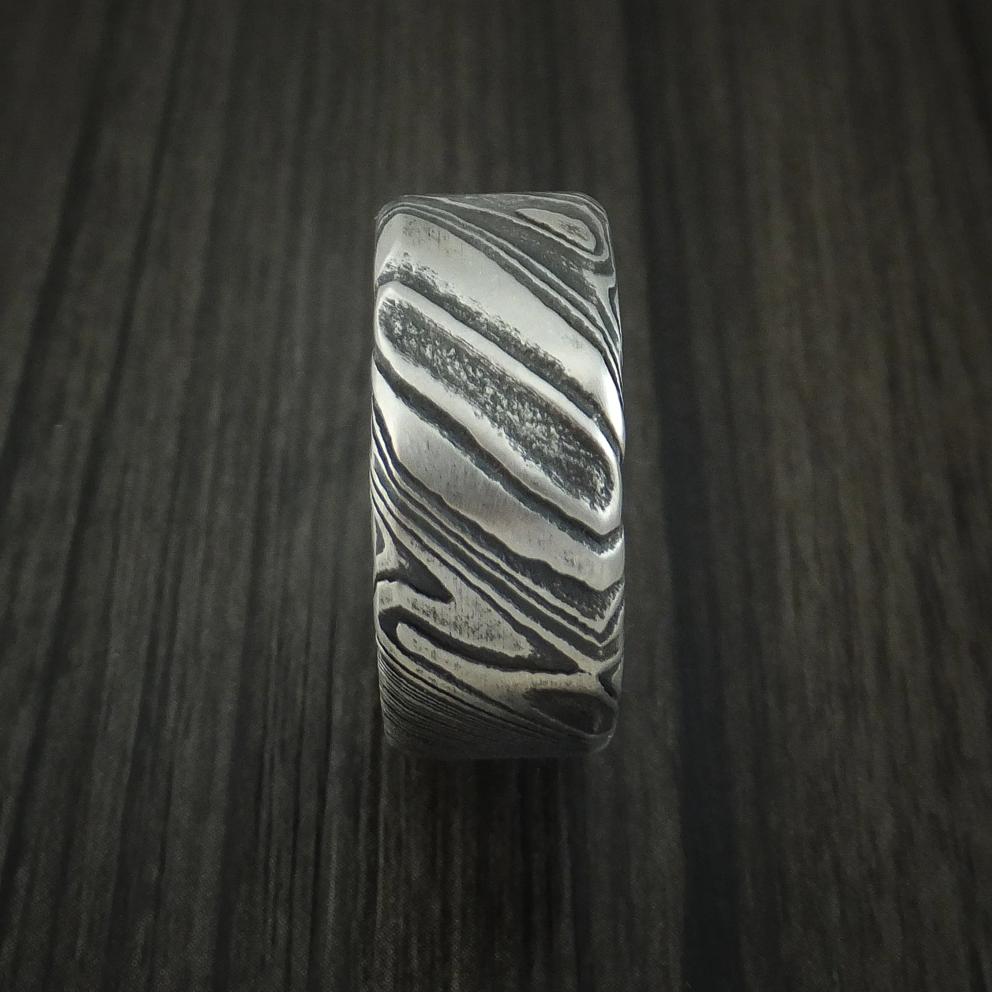 Woodgrain Kuro Damascus Steel Wide Men's Ring Custom Made Wedding Band - Image 3