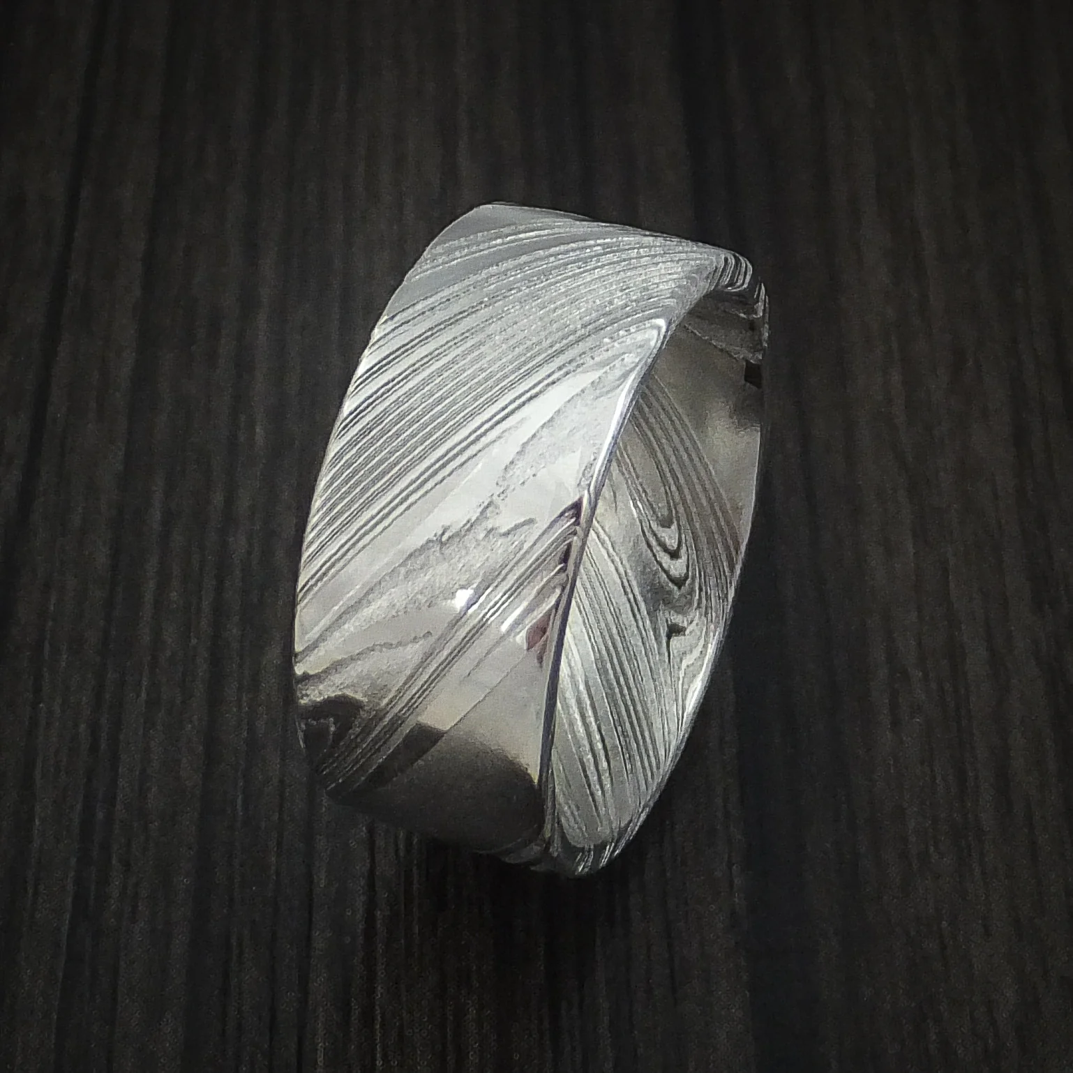 Woodgrain Kuro Damascus Steel Wide Men's Ring Custom Made Wedding Band - Image 4