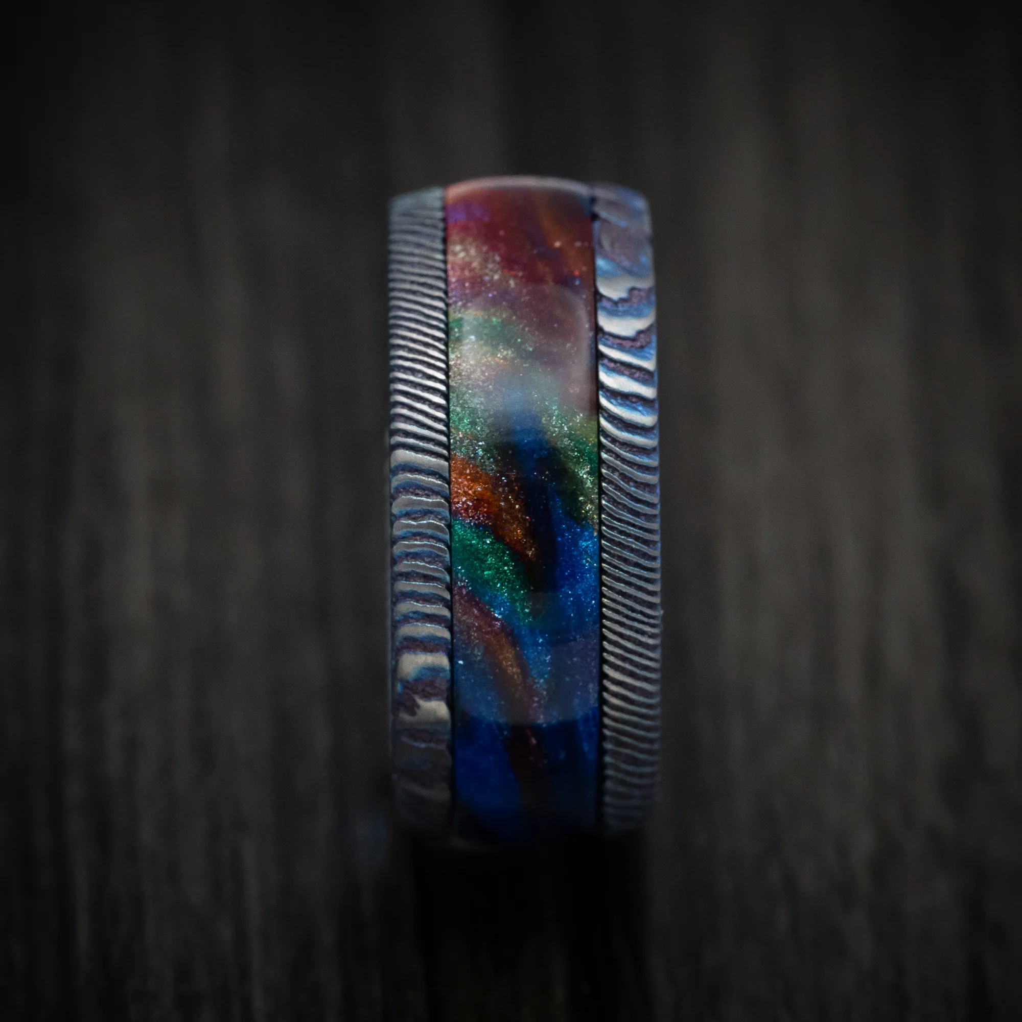 Kuro-Ti Heat-Treated Titanium Damascus and DiamondCast Inlay Men's Ring Custom Made - Image 3