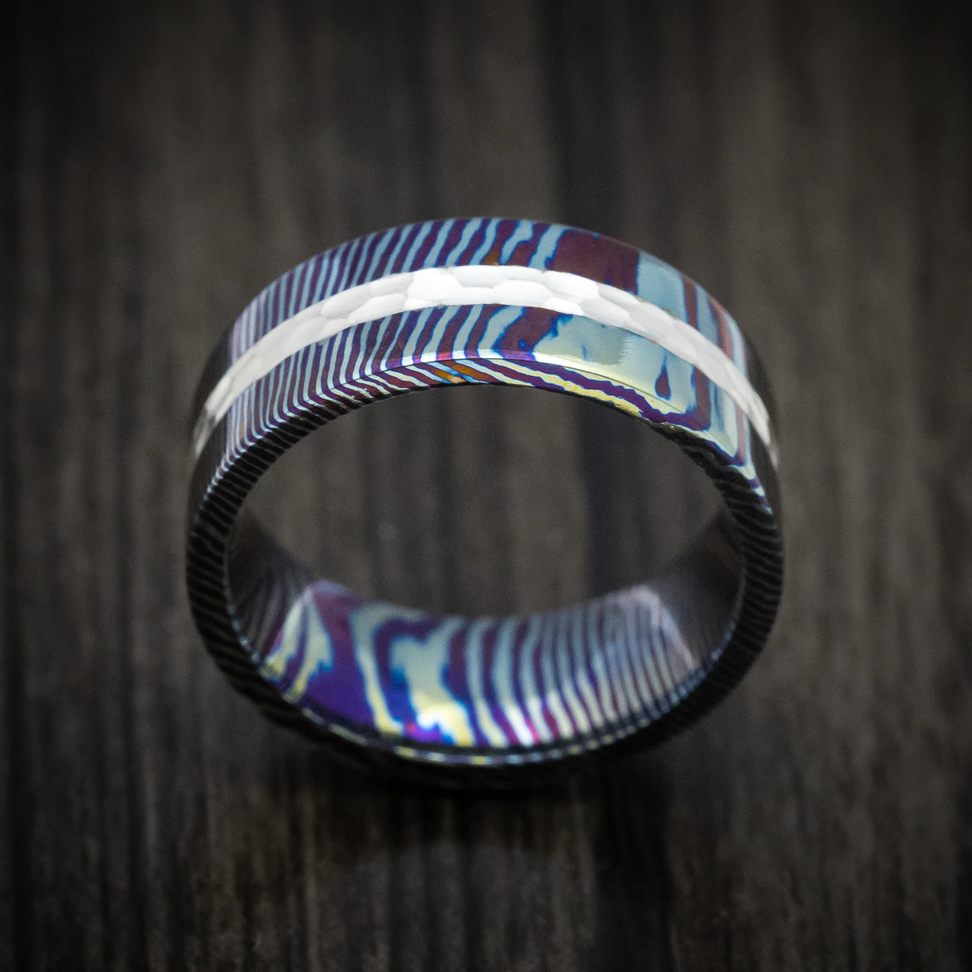Kuro-Ti Heat-Treated Titanium Damascus and Silver Men's Ring Custom Made Band - Image 2