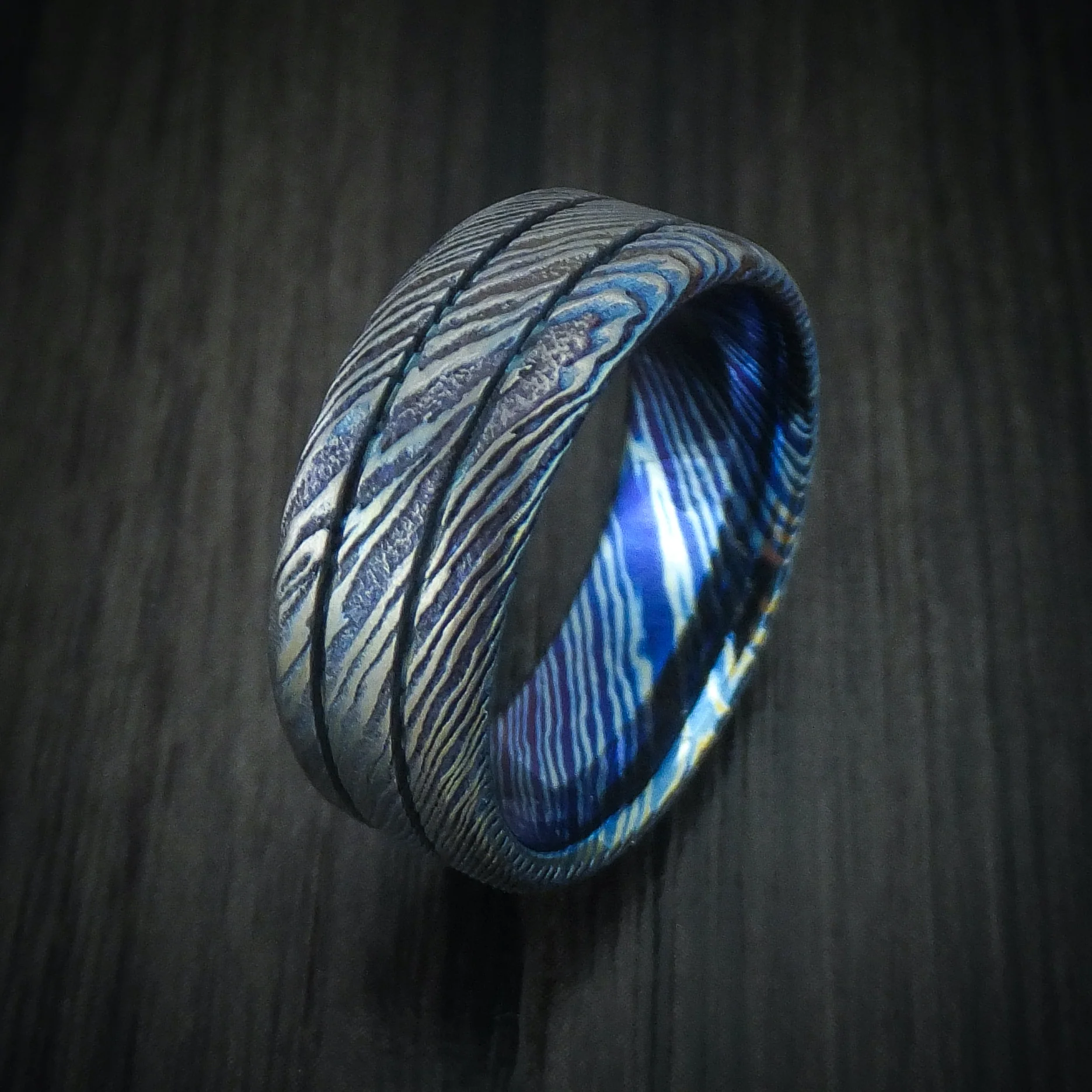 Kuro-Ti Heat-Treated Titanium Damascus Men's Ring with Grooves Custom Made Band - Image 4