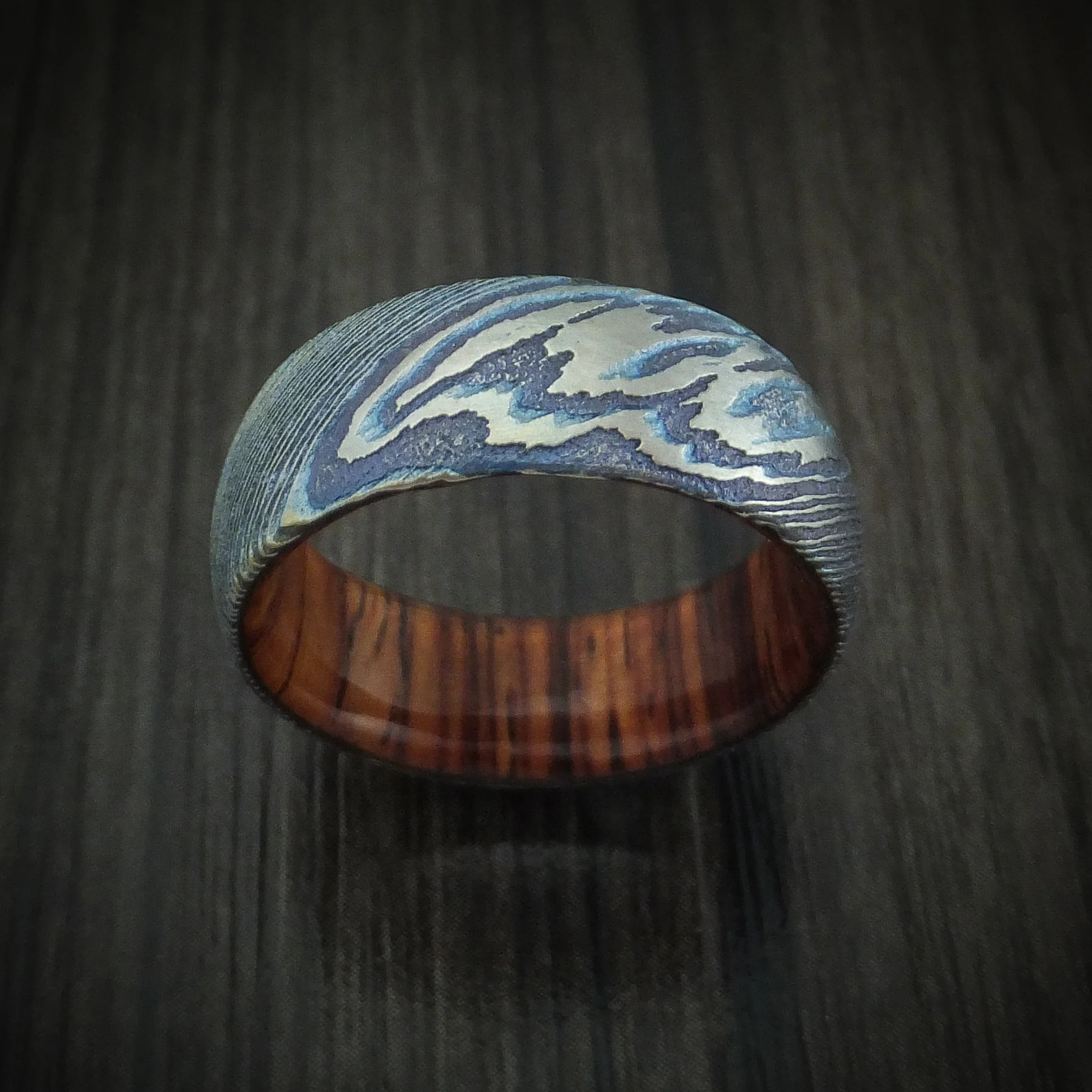 Kuro-Ti Heat-Treated Titanium Damascus Men's Ring With Hardwood Sleeve Custom Made Band - Image 2