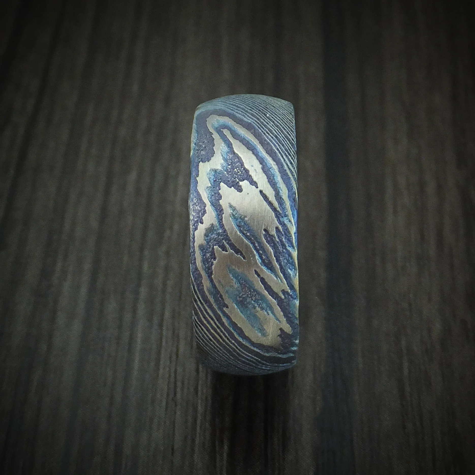 Kuro-Ti Heat-Treated Titanium Damascus Men's Ring With Hardwood Sleeve Custom Made Band - Image 3