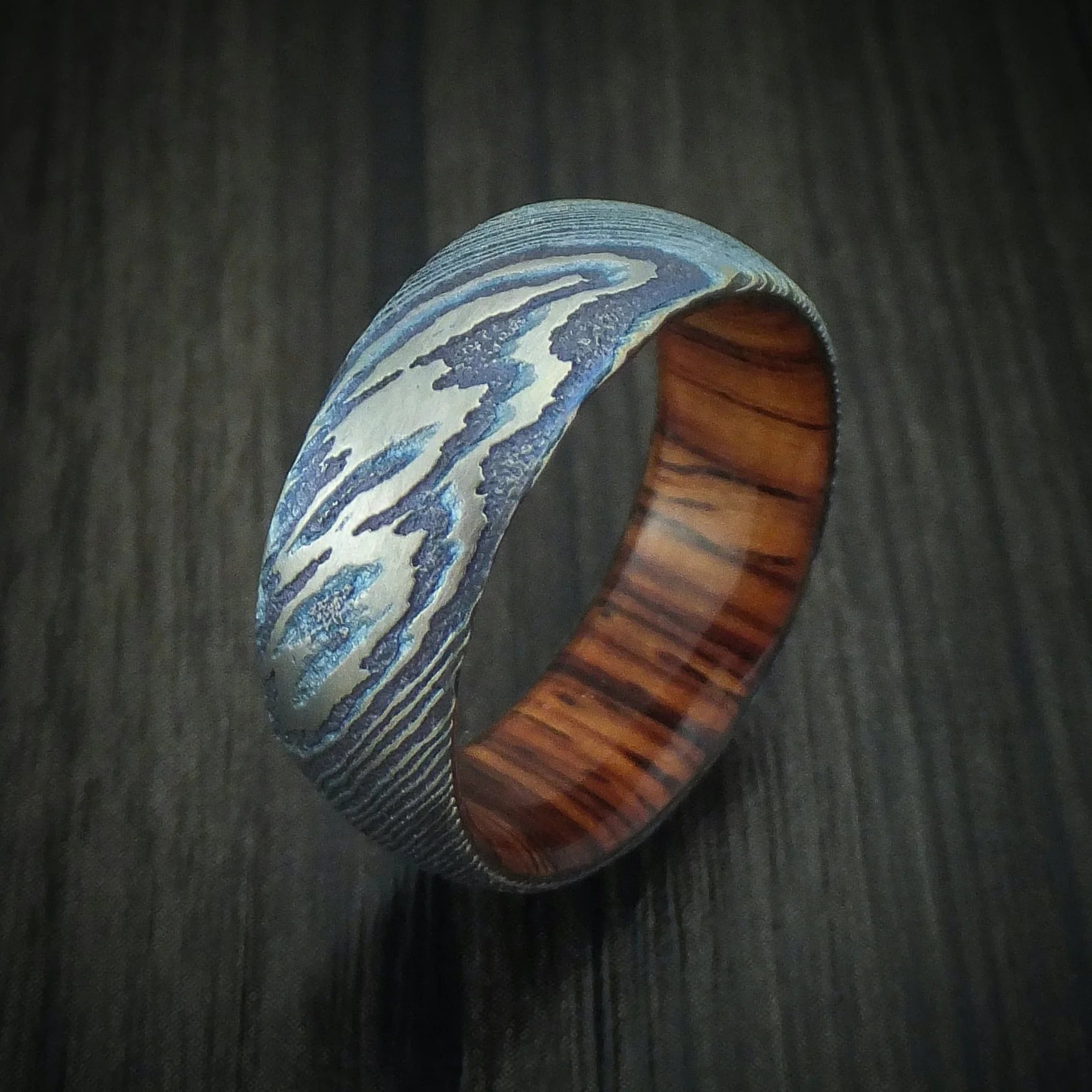 Kuro-Ti Heat-Treated Titanium Damascus Men's Ring With Hardwood Sleeve Custom Made Band - Image 4