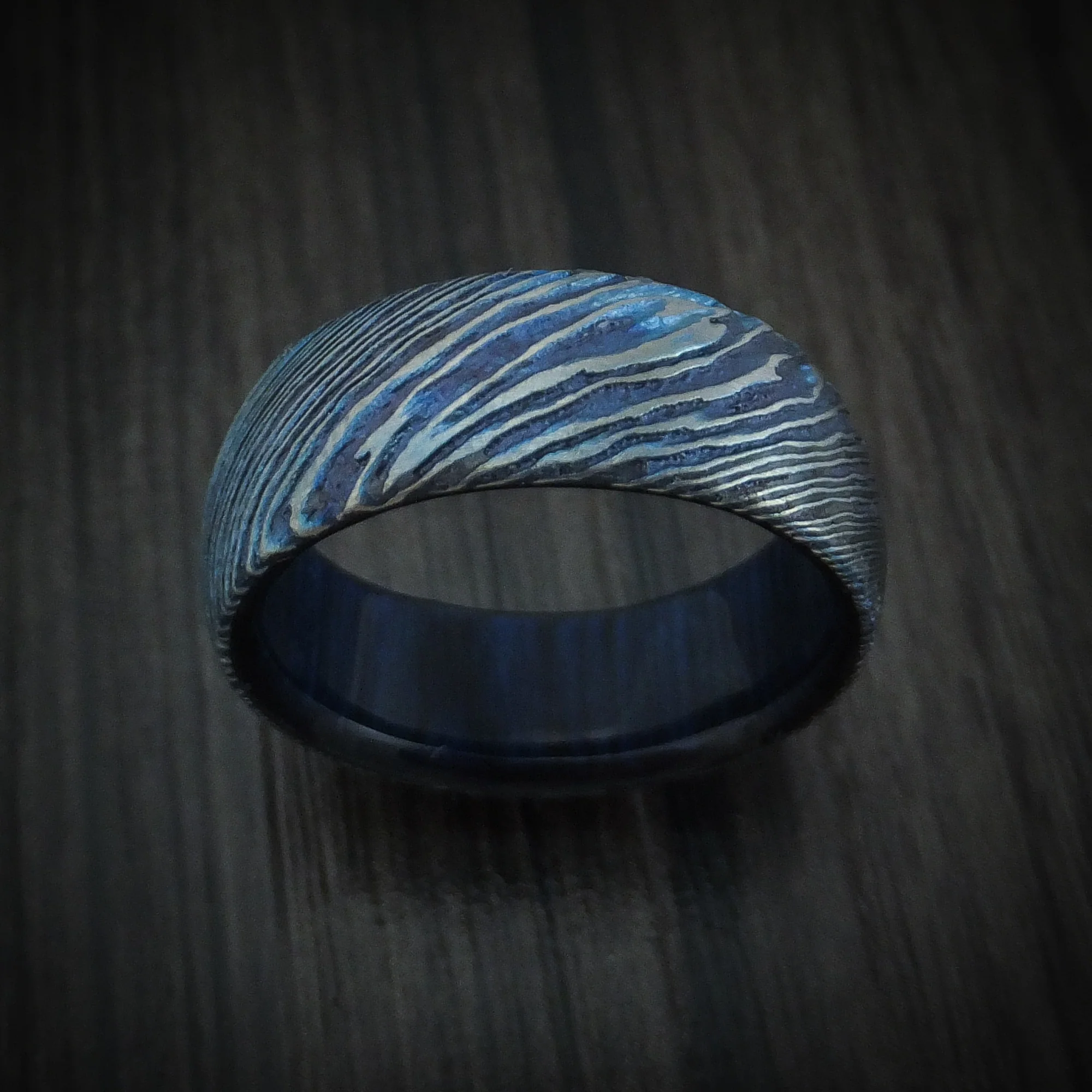 Kuro-Ti Heat-Treated Titanium Damascus Men's Ring with Hardwood Sleeve Custom Made Band - Image 2