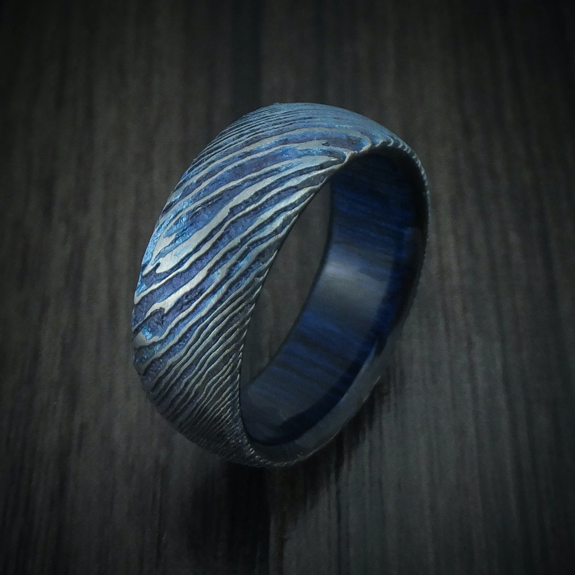 Kuro-Ti Heat-Treated Titanium Damascus Men's Ring with Hardwood Sleeve Custom Made Band - Image 4