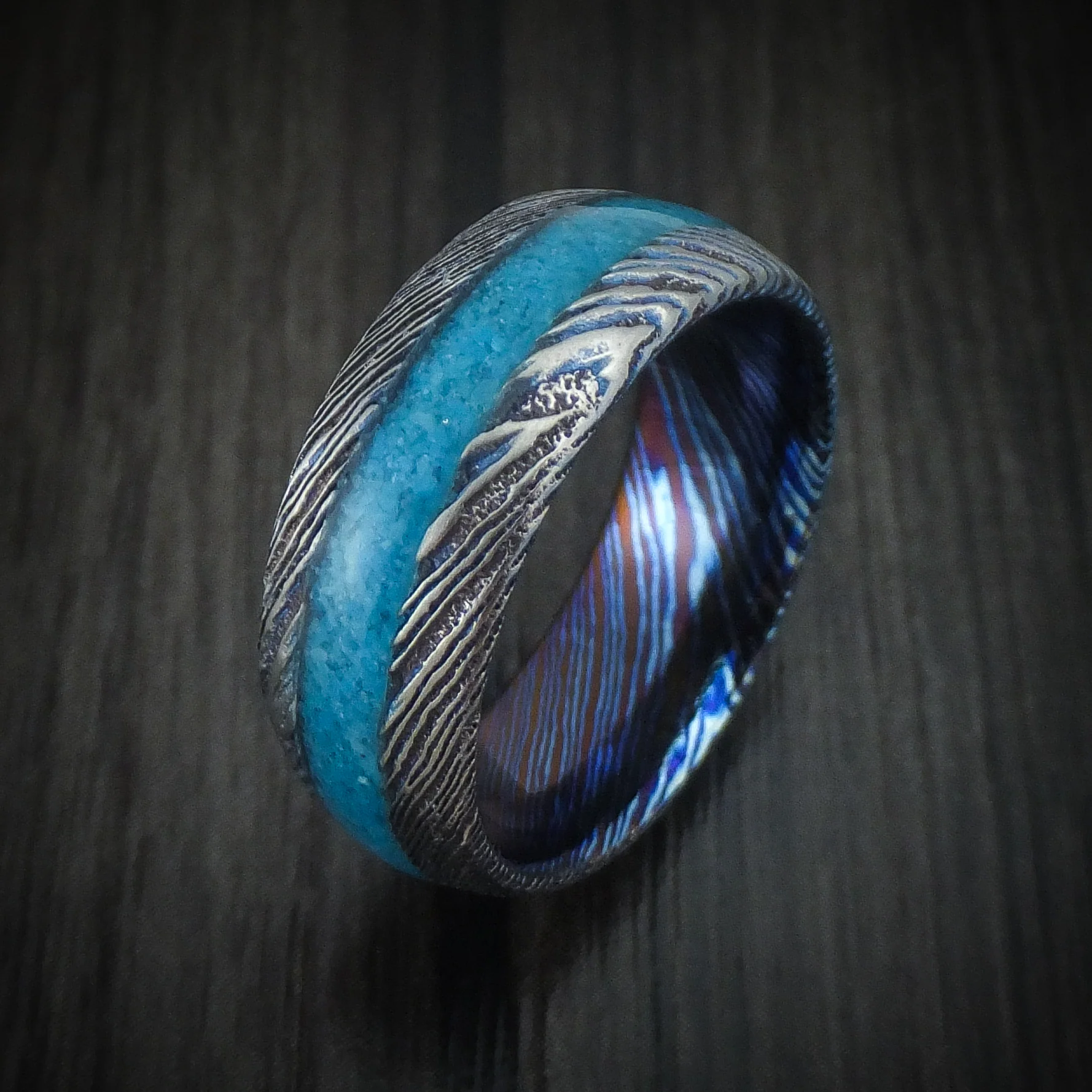 Kuro-Ti Heat-Treated Titanium Damascus Men's Ring with Stone Inlay Custom Made Band - Image 4