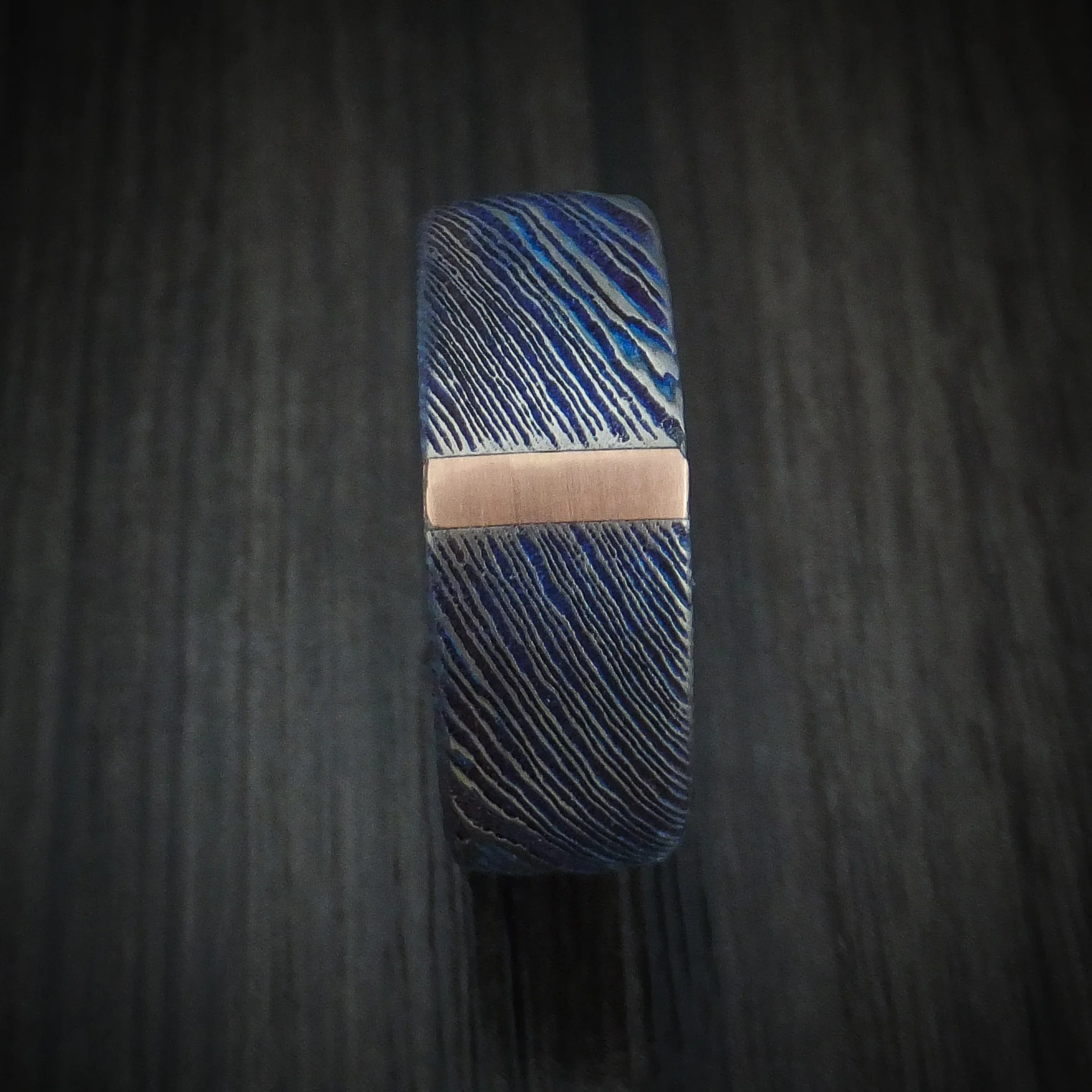 Kuro-Ti Heat-Treated Titanium Damascus Men's Ring with Vertical 14K Gold Inlay Custom Made Band - Image 3