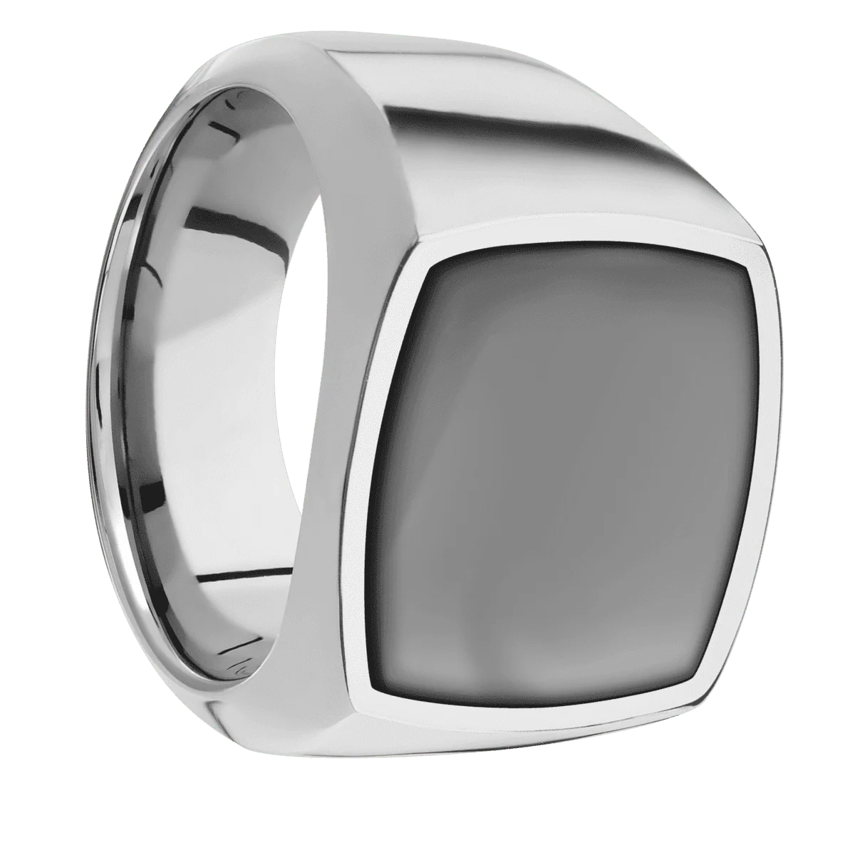 Large Cushion signet ring (18x18mm) in Titanium, with a Wide style band, a Zirconium inlay.