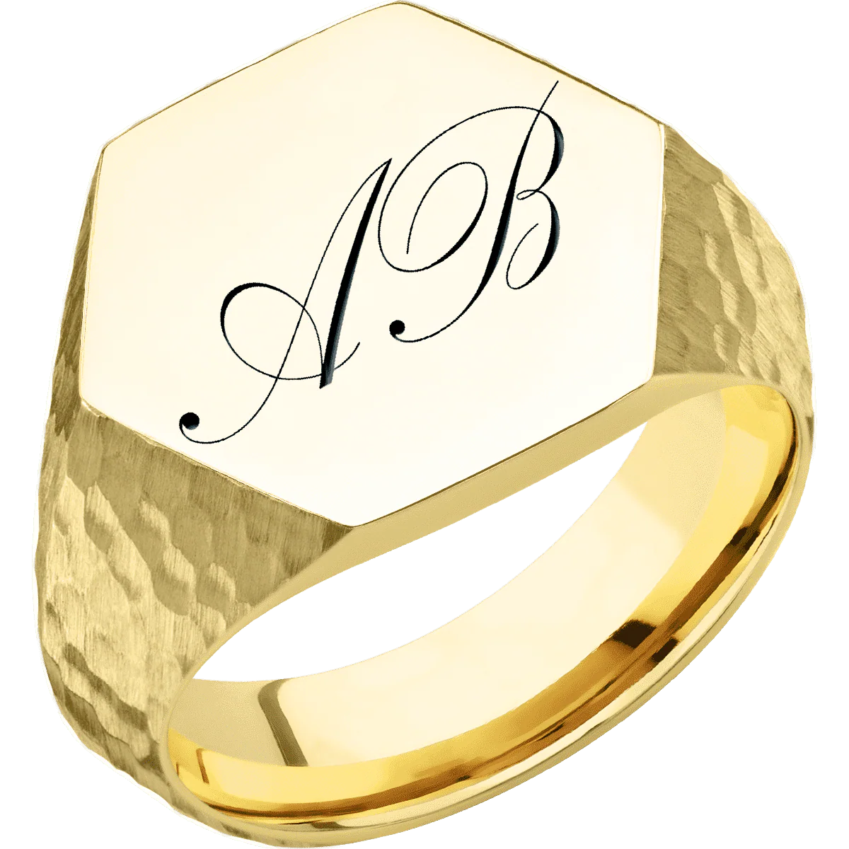 Large Hexagon signet ring (18.5x16mm) in 18K Yellow Gold, with a Wide style band and a Kunstler Script 2 engraving. - Image 2