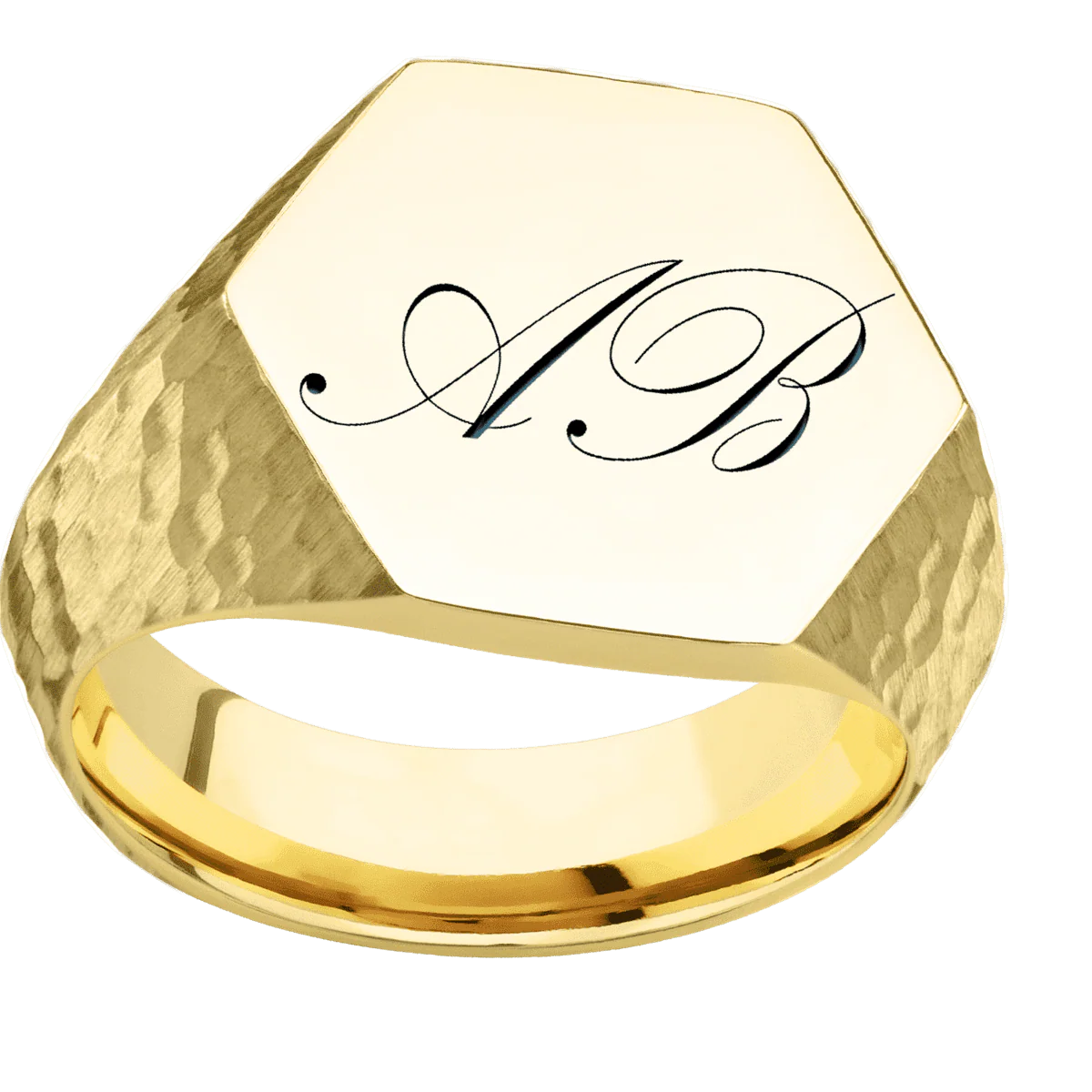 Large Hexagon signet ring (18.5x16mm) in 18K Yellow Gold, with a Wide style band and a Kunstler Script 2 engraving. - Image 3